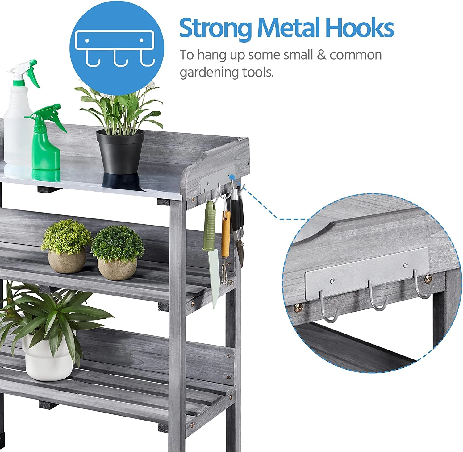 Garden Potting Table Horticulture Potting Bench w/Storage Shelf W/Metal Tabletop w/Hook 3 Shelves Workstation Work Benches Station, Gray - Image 6