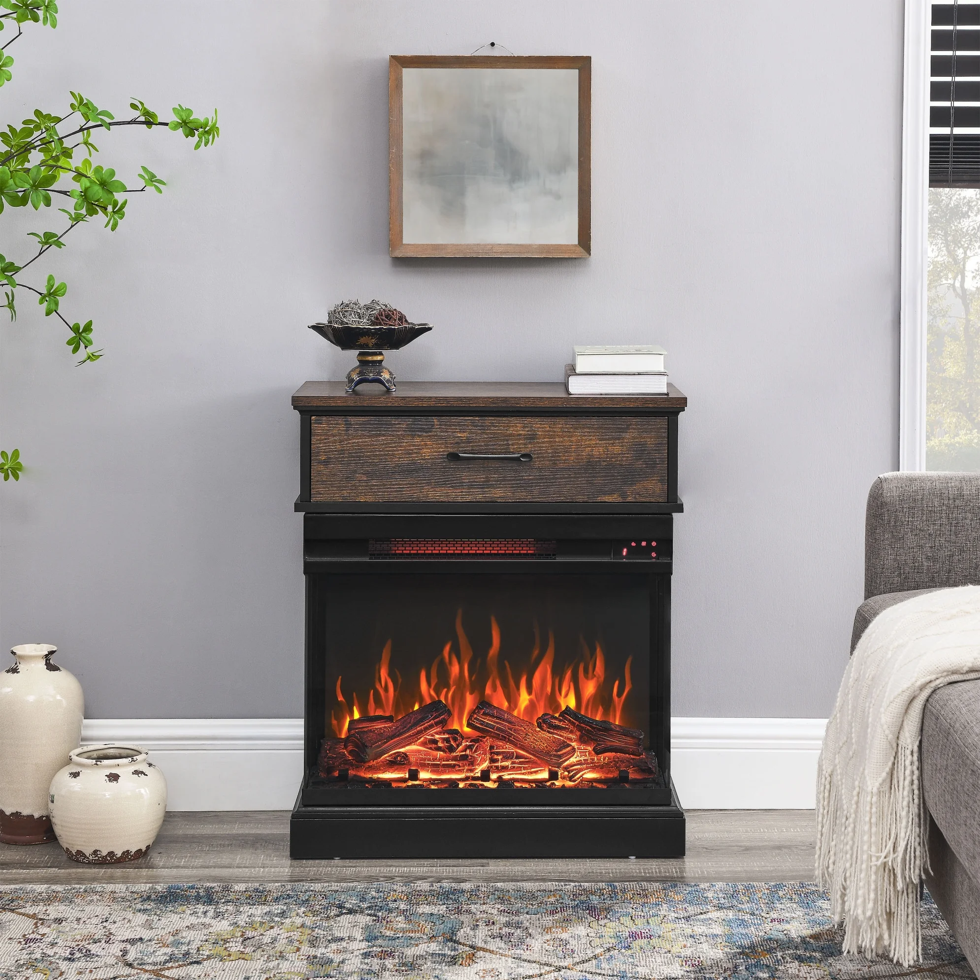 Electric Fireplace Stove, 1500W Wall Mountable Fireplace Heater Freestanding with 3-Sided View, 3D Flame Effect, Adjustable Brightness & Heating Mode, Overheat Protection, Thermostat