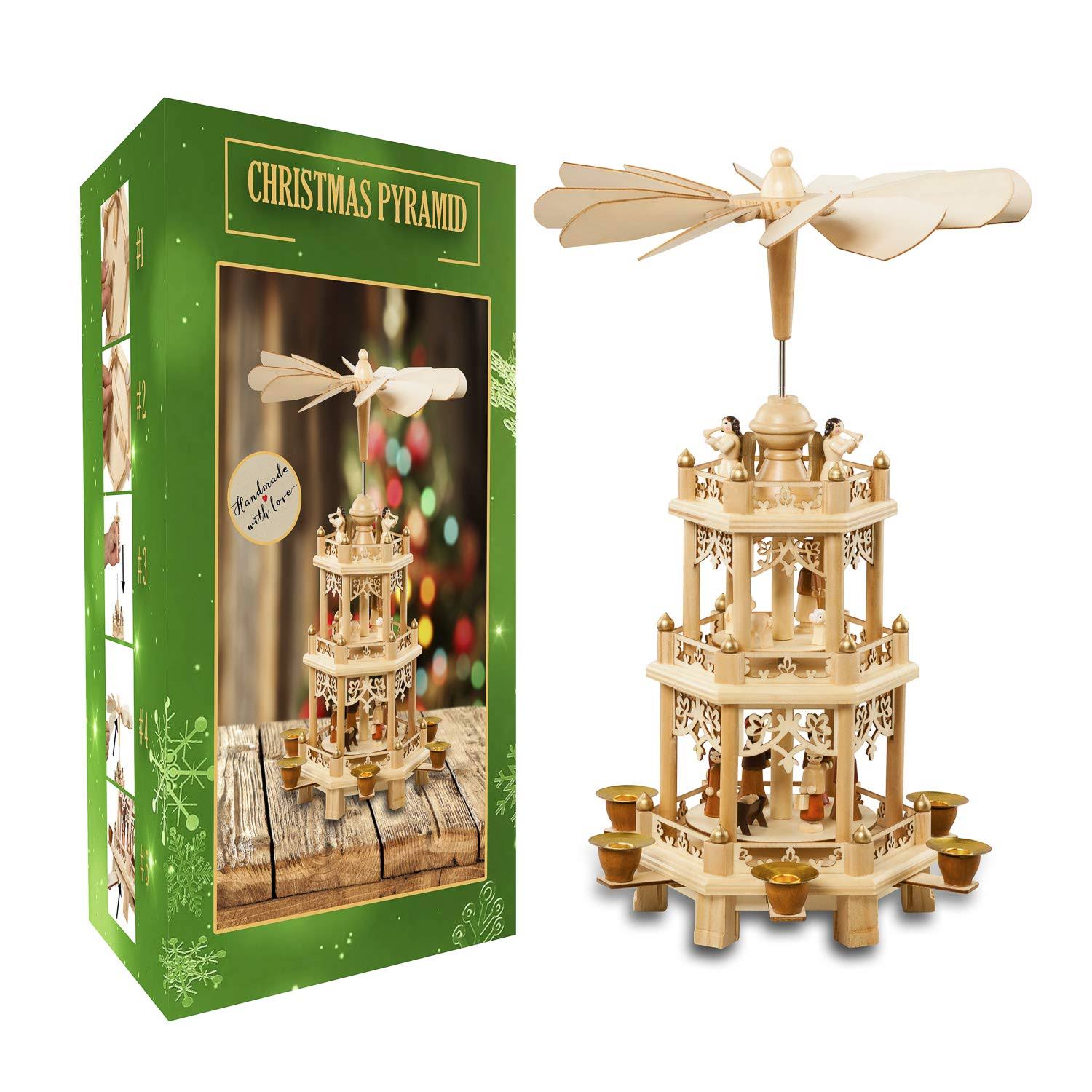 German Christmas Decoration Pyramid 18 Inches Nativity Scene. Holiday Nativity Carousel.6 Candle holders. German Design