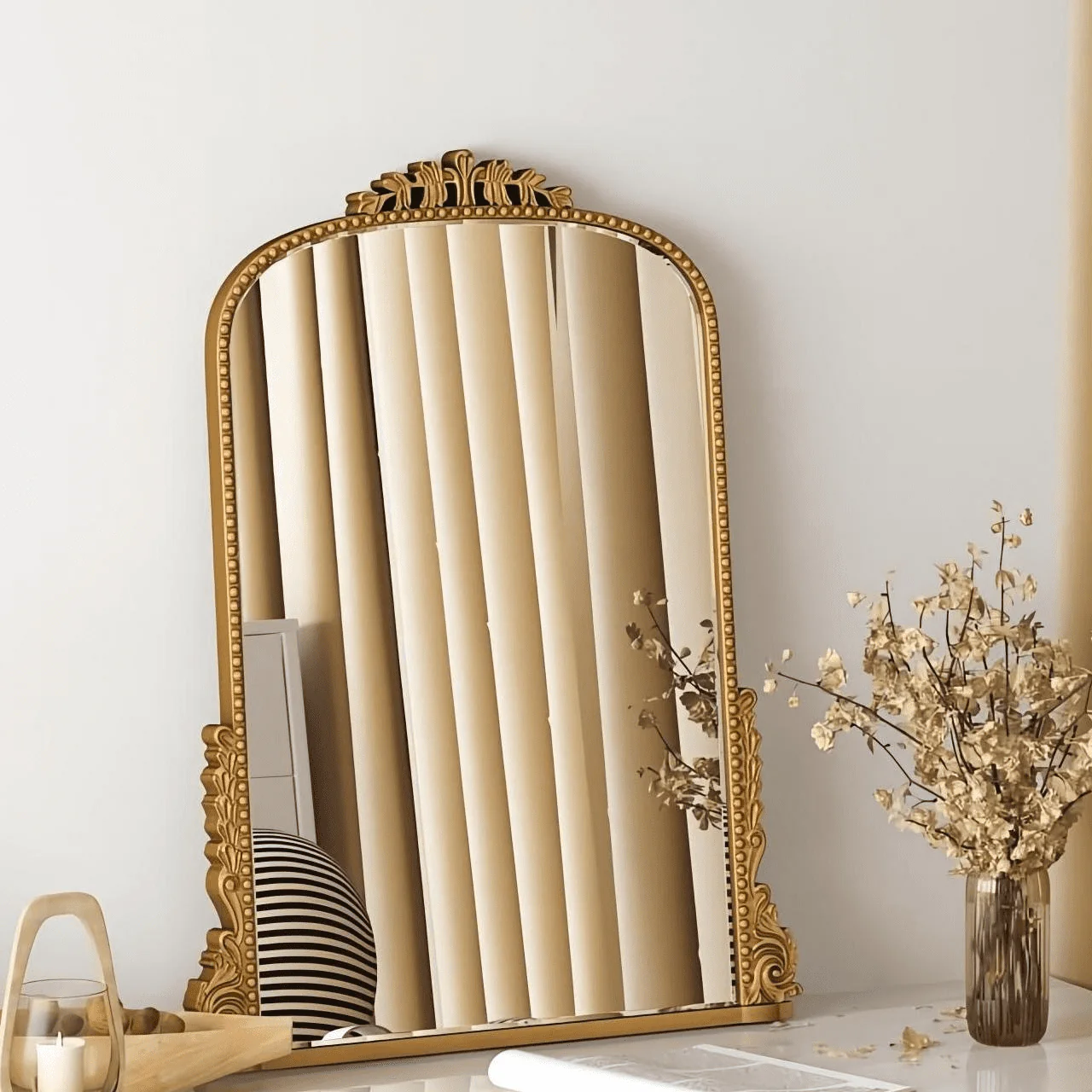 Traditional Baroque Arch Wall Mirror Antique Gold Mirror Wall Decor for Living Room Home 31 5" x 23 6'' Image 3