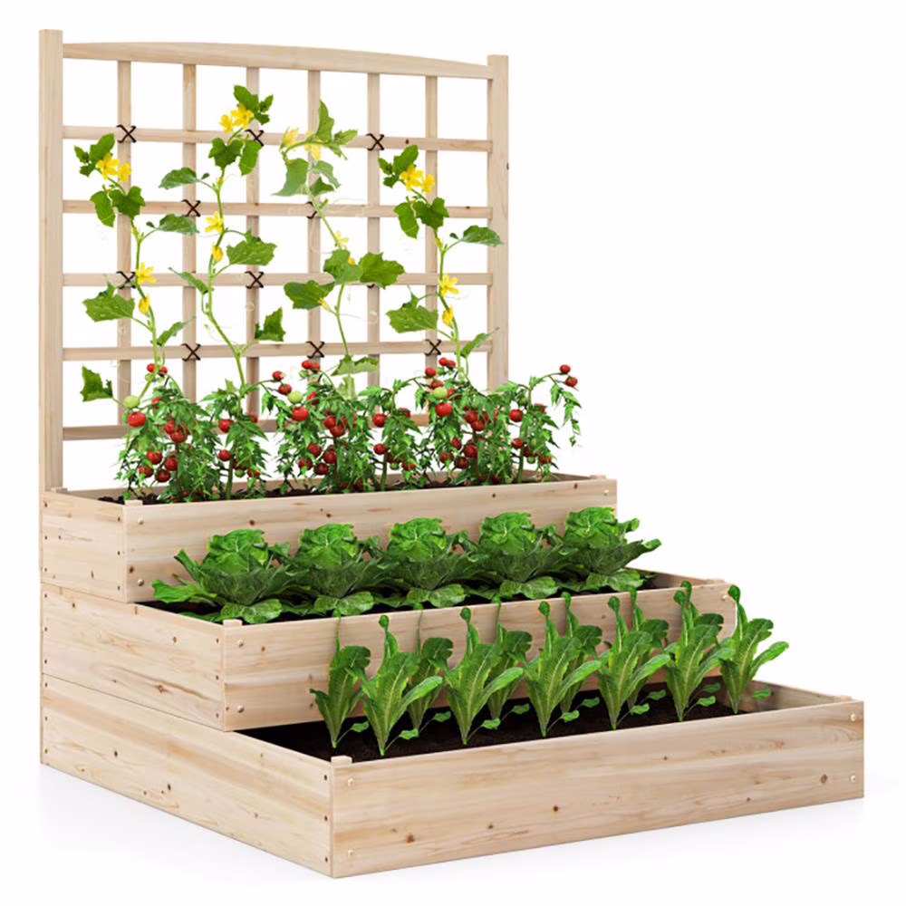 Aimee Lii 3-Tier Raised Garden Bed with Lattice Trellis and Open-Ended Base for Garden Decoration-Natural