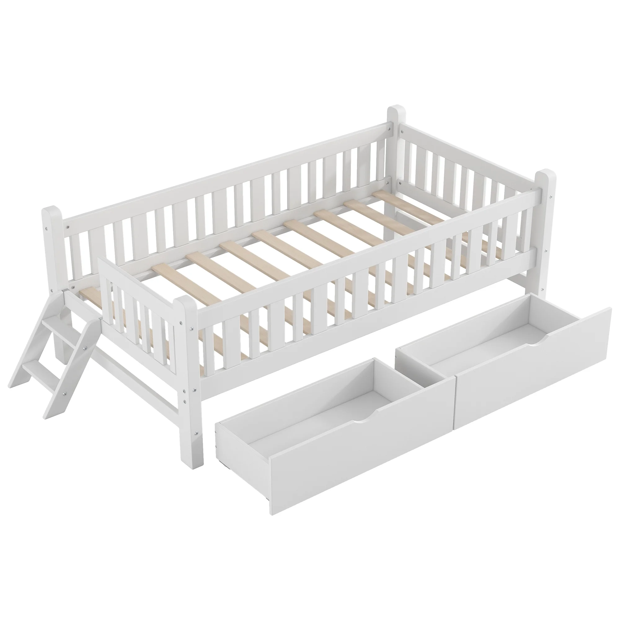 Wood Twin Size Platform Bed with 2 Drawers and Ladder for Kids and Toddlers, White(White) - Image 9