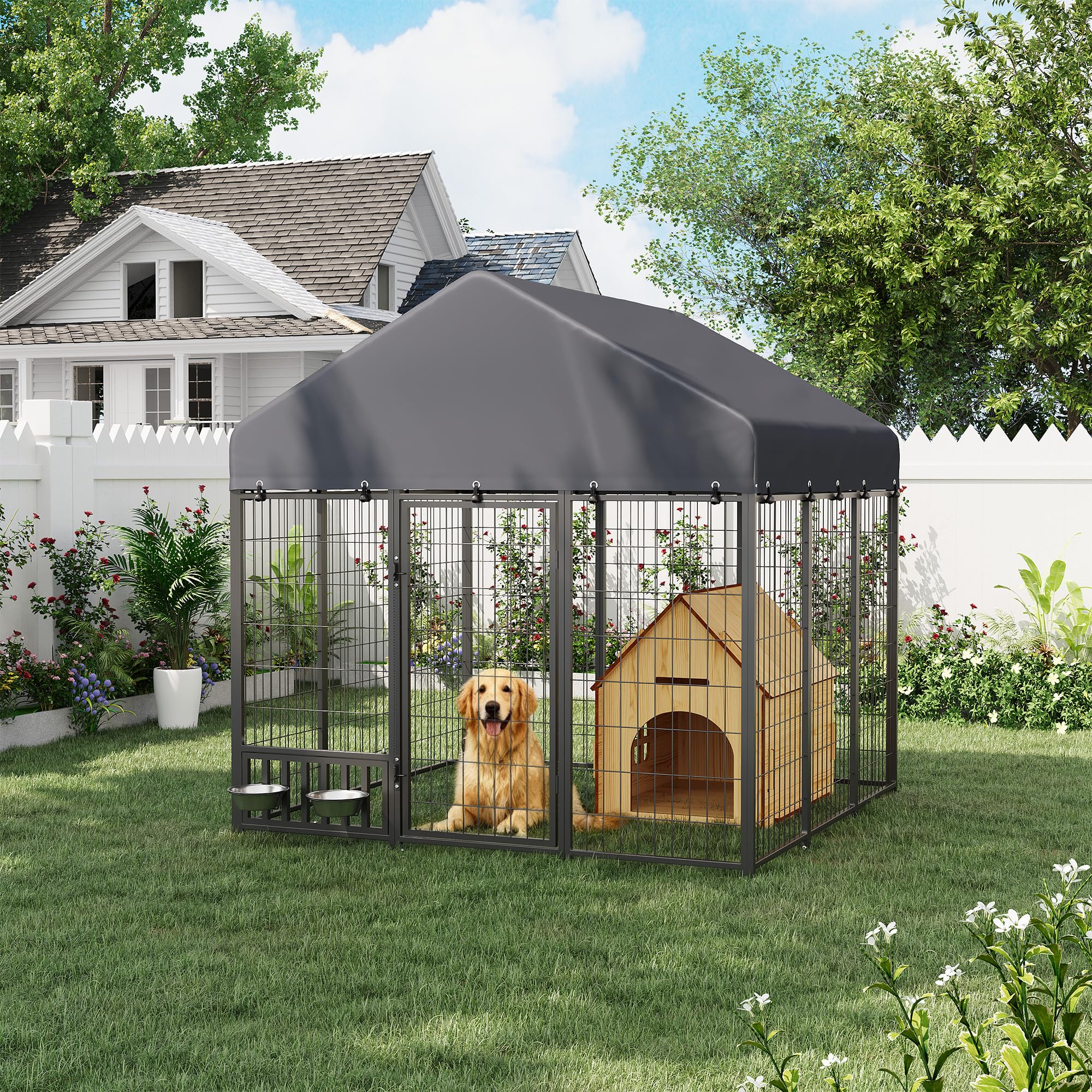 AECOJOY Heavy Duty Outdoor Dog Kennel, 6x6 Steel Chain Link Fence with Roof