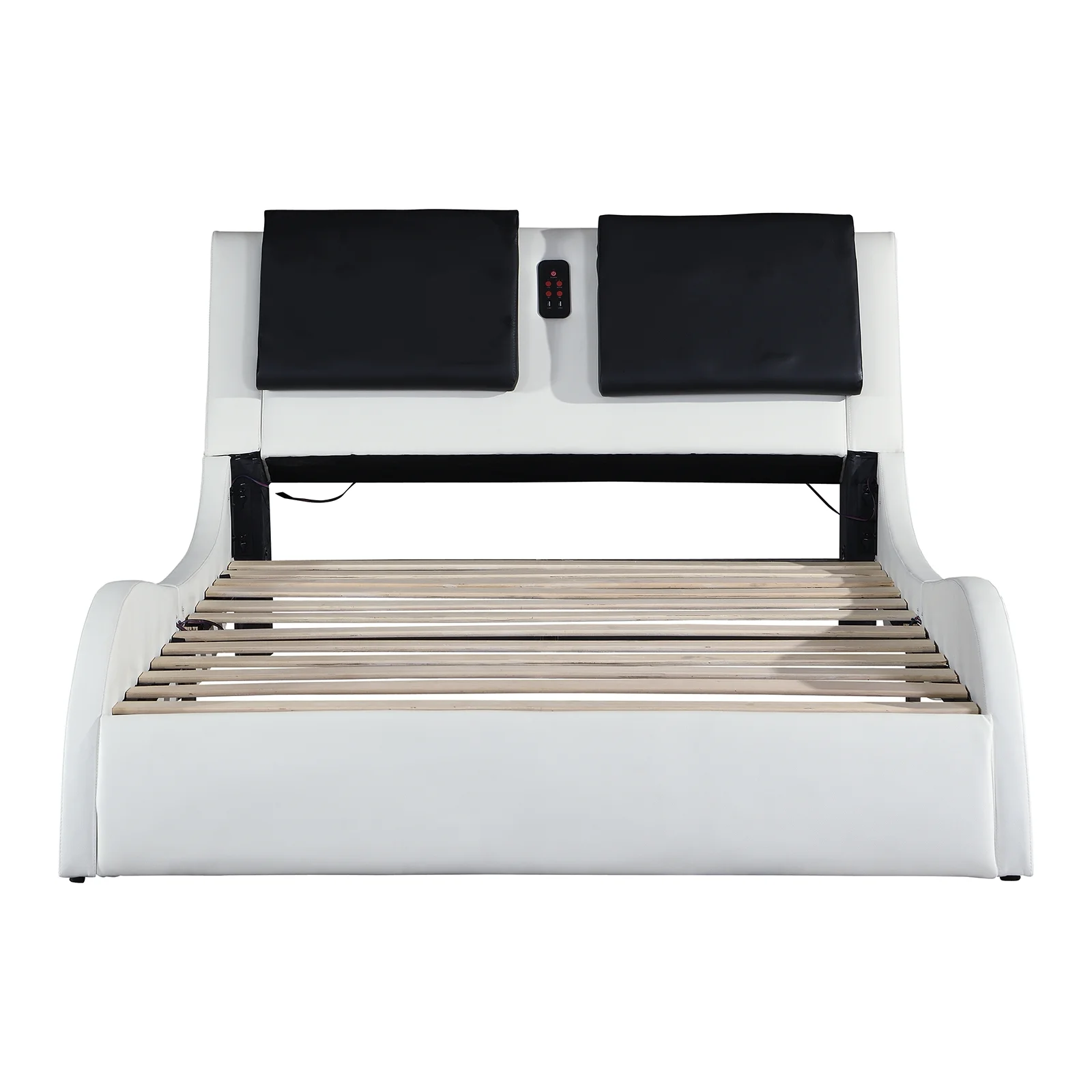 King Size Platform Bed Frame wth LED Light And USB Charging Ports Headboard, Wave-Like Curve Backrest Vibration Massage Upholstered Faux Leather Bed for Home(White1-1) - Image 2