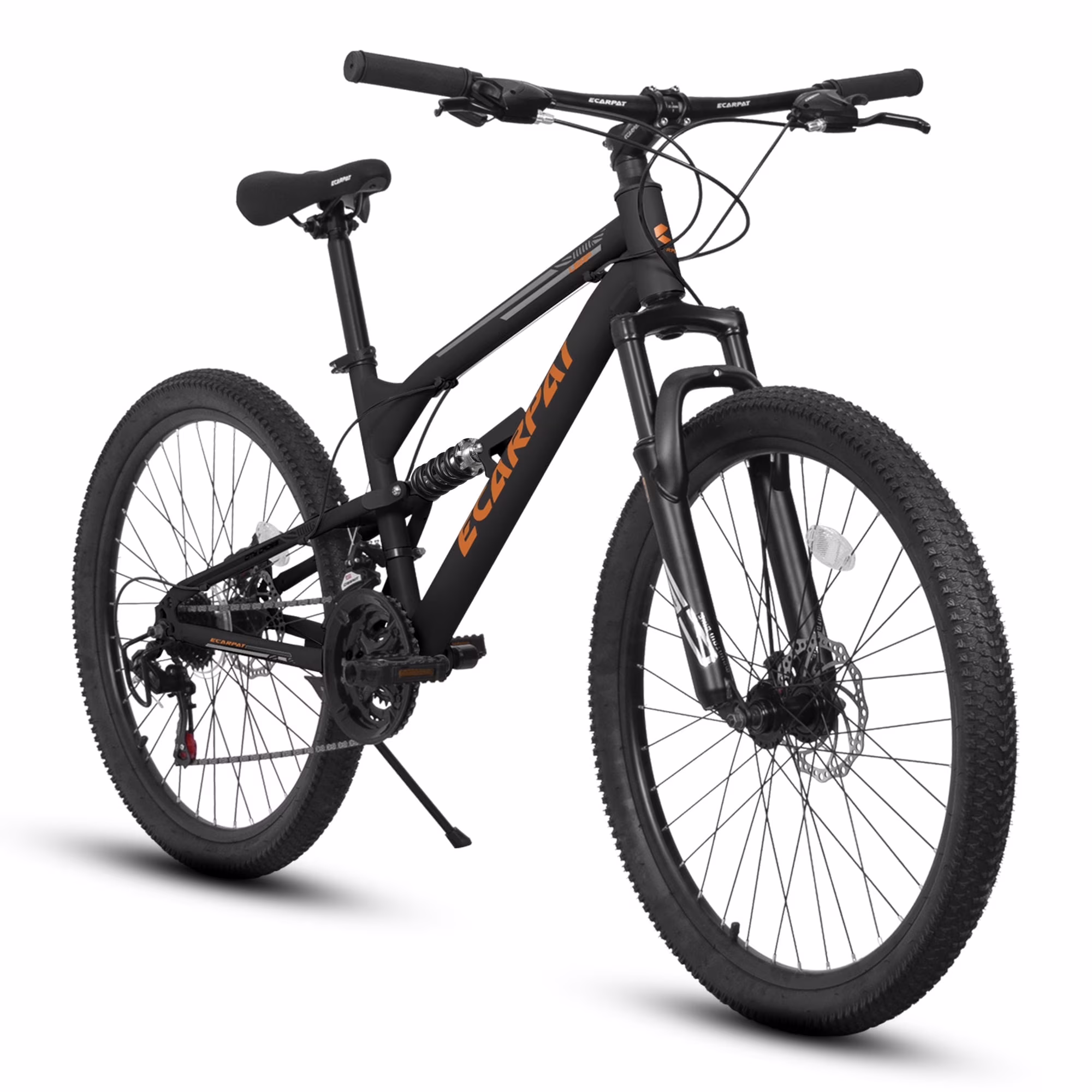 26 Inch Mountain Bike, Dual Full Suspension 21-Speed Disc Brakes Thumb Shifter, Carbon Steel Frame Mountain Bike, Mens Womens Trail Commuter City Bicycles(Black-Orange/26")
