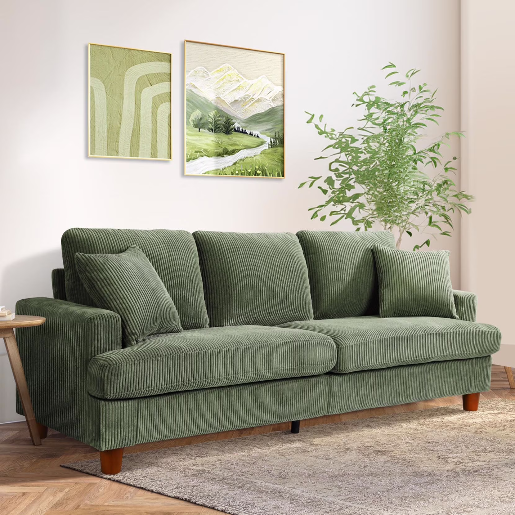 87" Corduroy Sofa,3 Seater Sofa with Extra Deep Seats,Neche Comfy Upholstered Couch for Living Room,2 Pillows,Green(Green)
