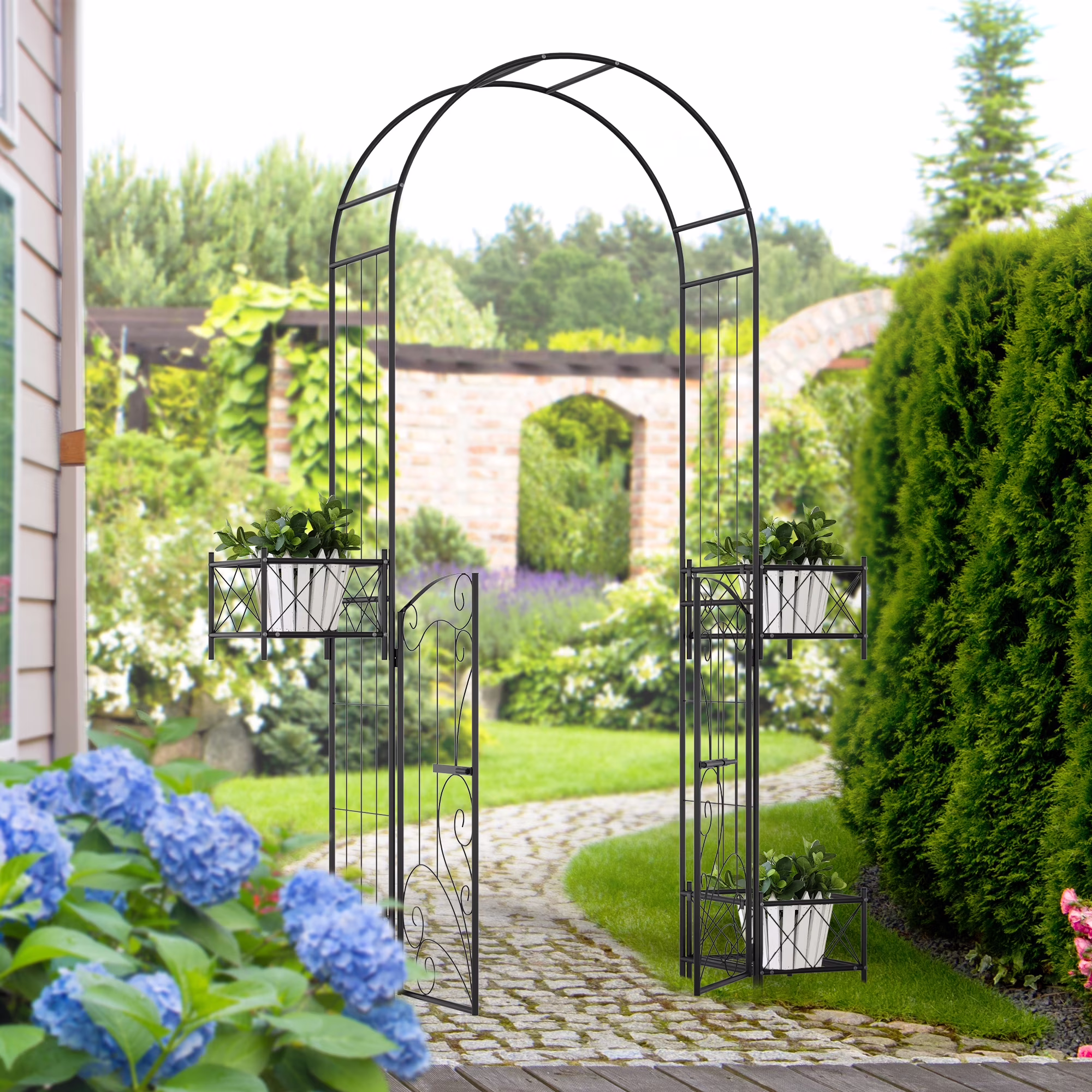 Outsunny 7' Metal Garden Arbor, Garden Arch with Gate, Scrollwork Hearts, Latching Doors, Planter Boxes for Climbing Vines, Ceremony, Weddings, Black