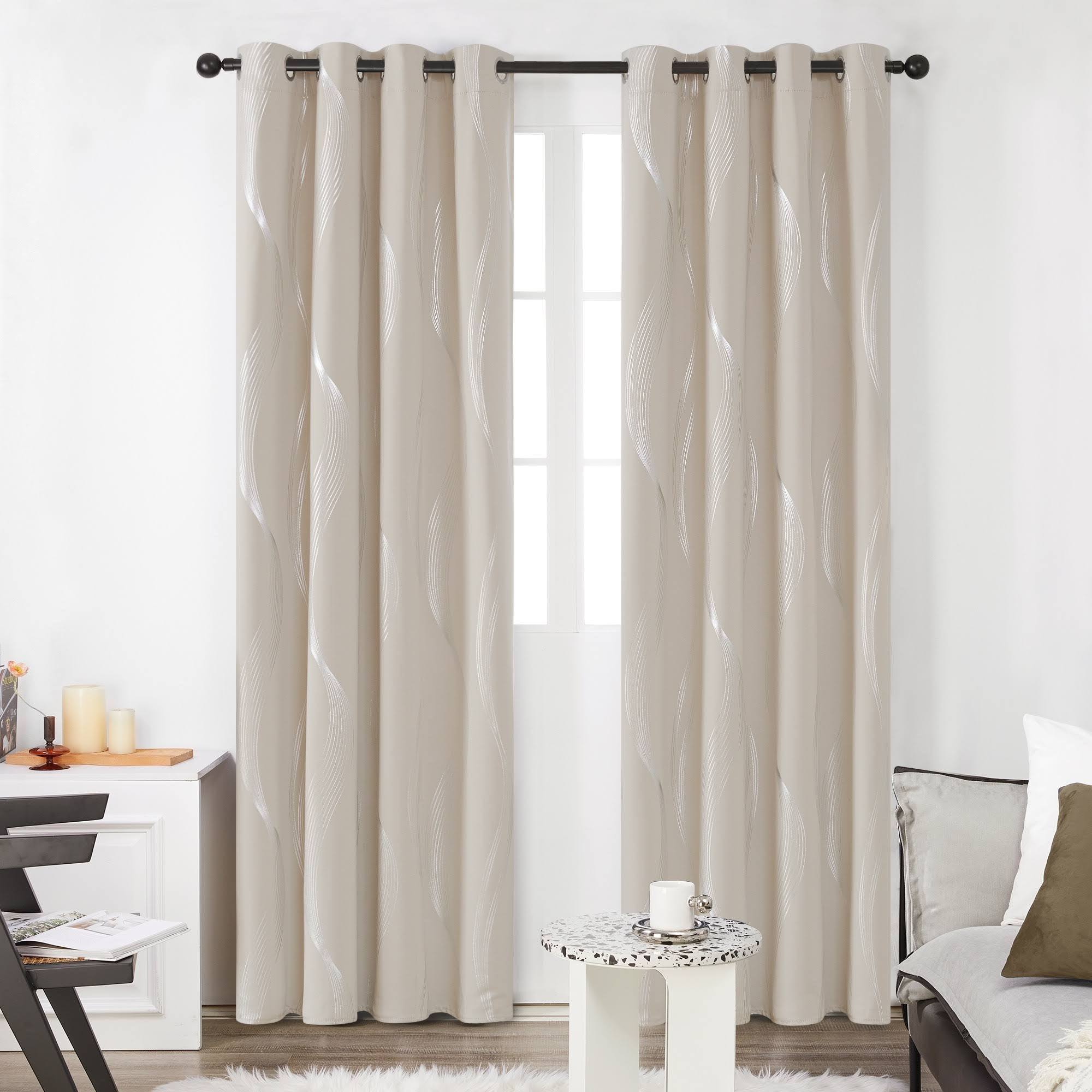 Deconovo Thermal Insulated Blackout Curtains, Room Darkening Grommet Window Drapes, Silver Wave Foil Printed (52 x 84 inch, Light Beige, 2 Panels)