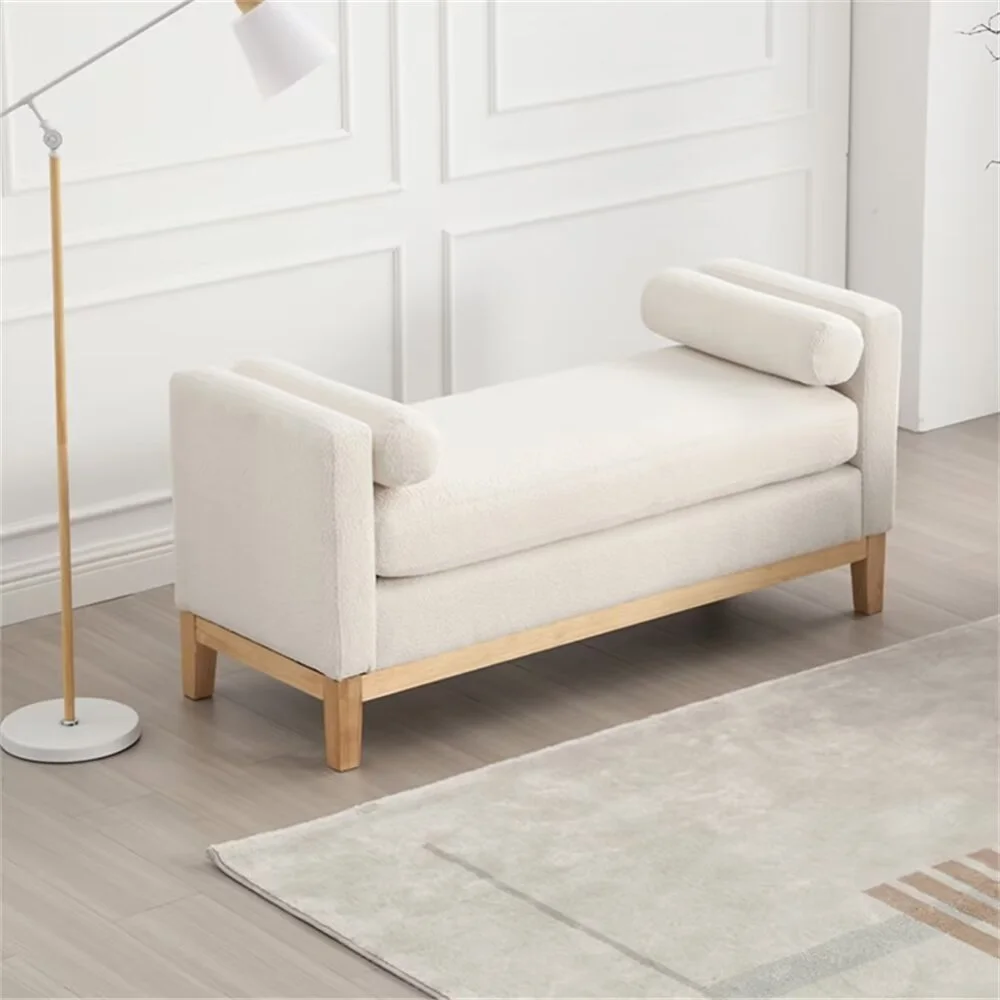 End of Bed Bench, 53.5" Boucle Fabric Upholstered Entryway Bench with Wood Legs Bolster Pillows, Rolled Arm Cushioned Ottoman Foot Rest Long Stool Window Extra Seating for Bedroom, Ivory(Ivory) - Image 4