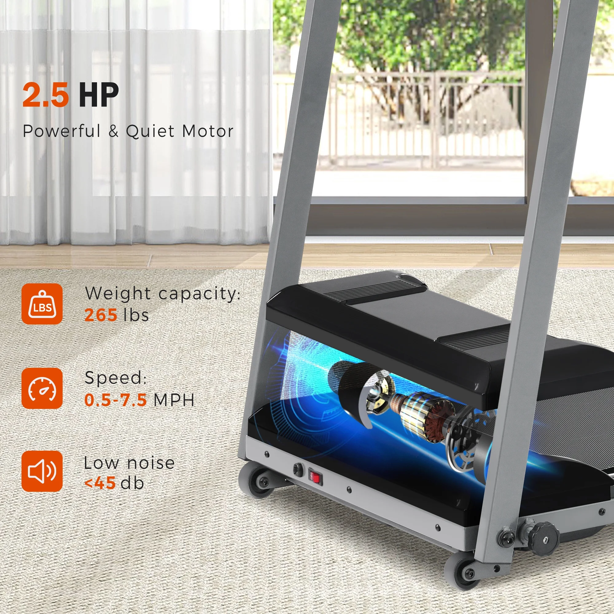 2.5HP Folding Treadmill with 7.5mph Speed, 265LBS Walking Exercise Treadmill with LED Display, 3-Level Incline and 12 Preset Program for Home Office - Image 6