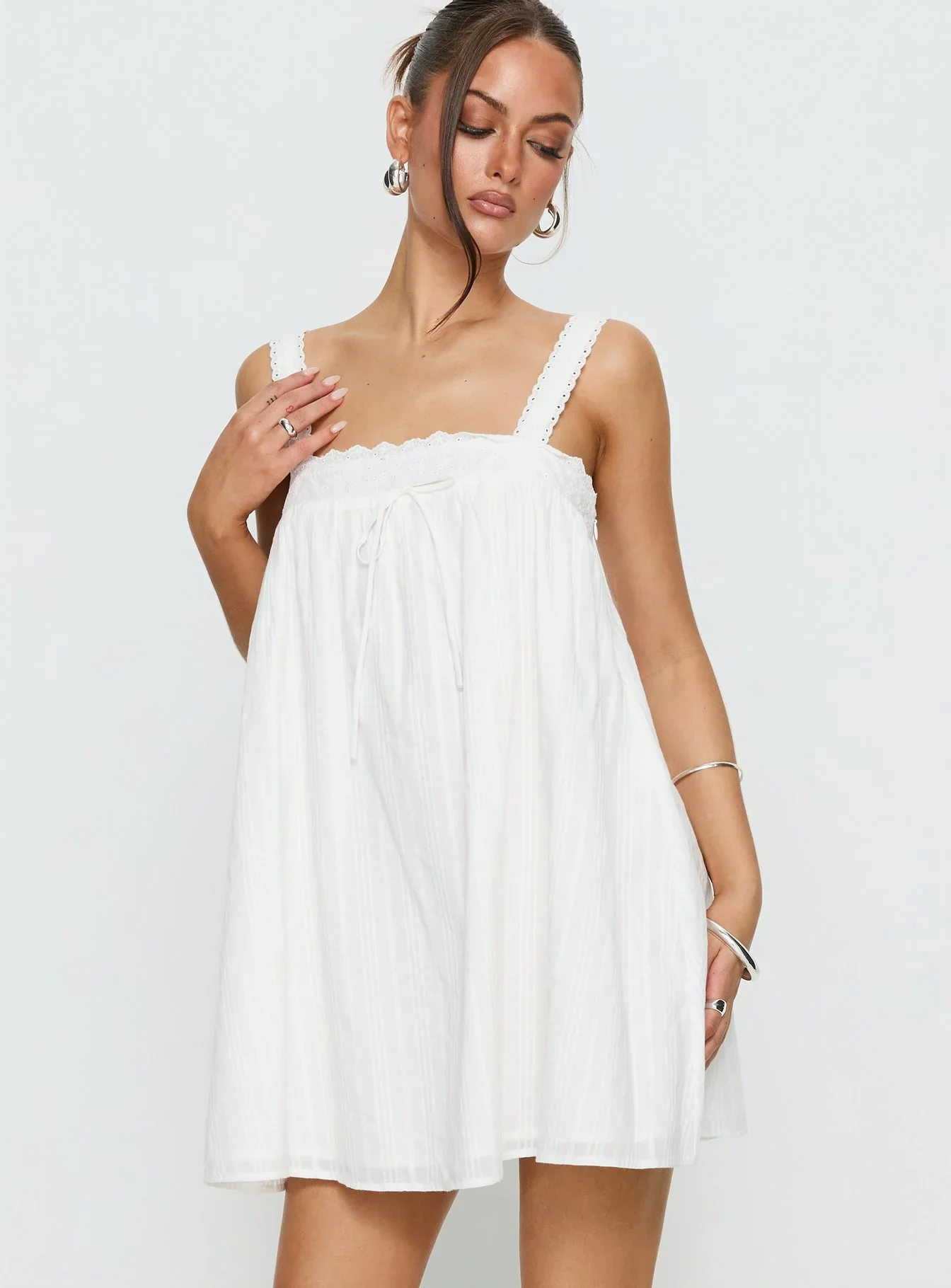Reason To Stay Lace Trim Floaty Mini Dress White