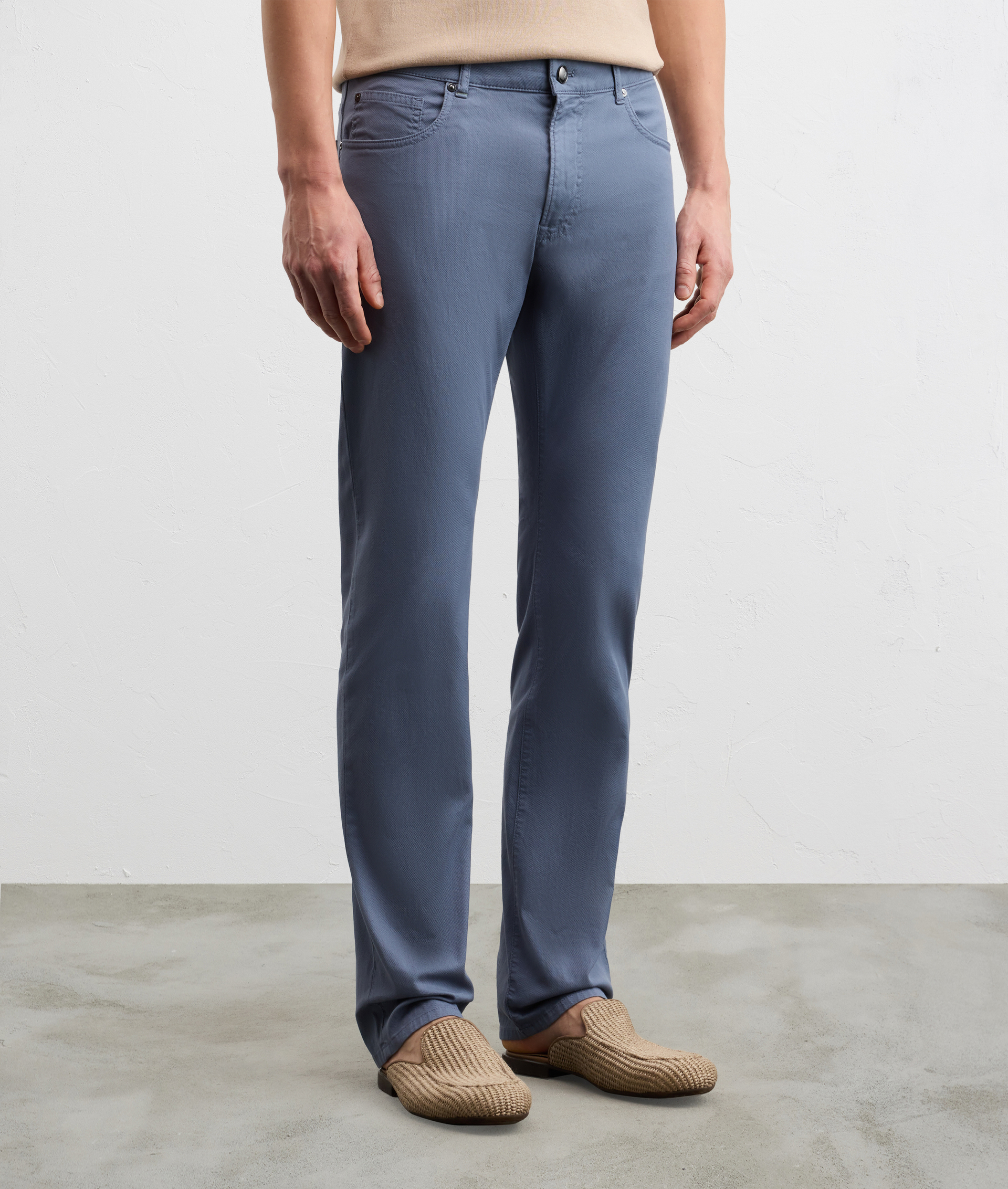 LIGHT BLUE GARMENT DYED COTTON AND ELASTANE FIVE POCKET TROUSERS WITH MICROSTRUCTURE