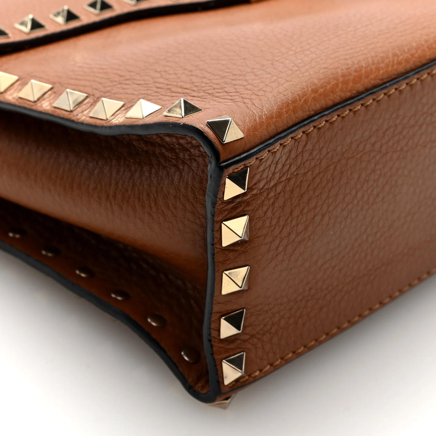 Pebbled Calfskin Rockstud Flip Lock Top Handle Bag Cognac