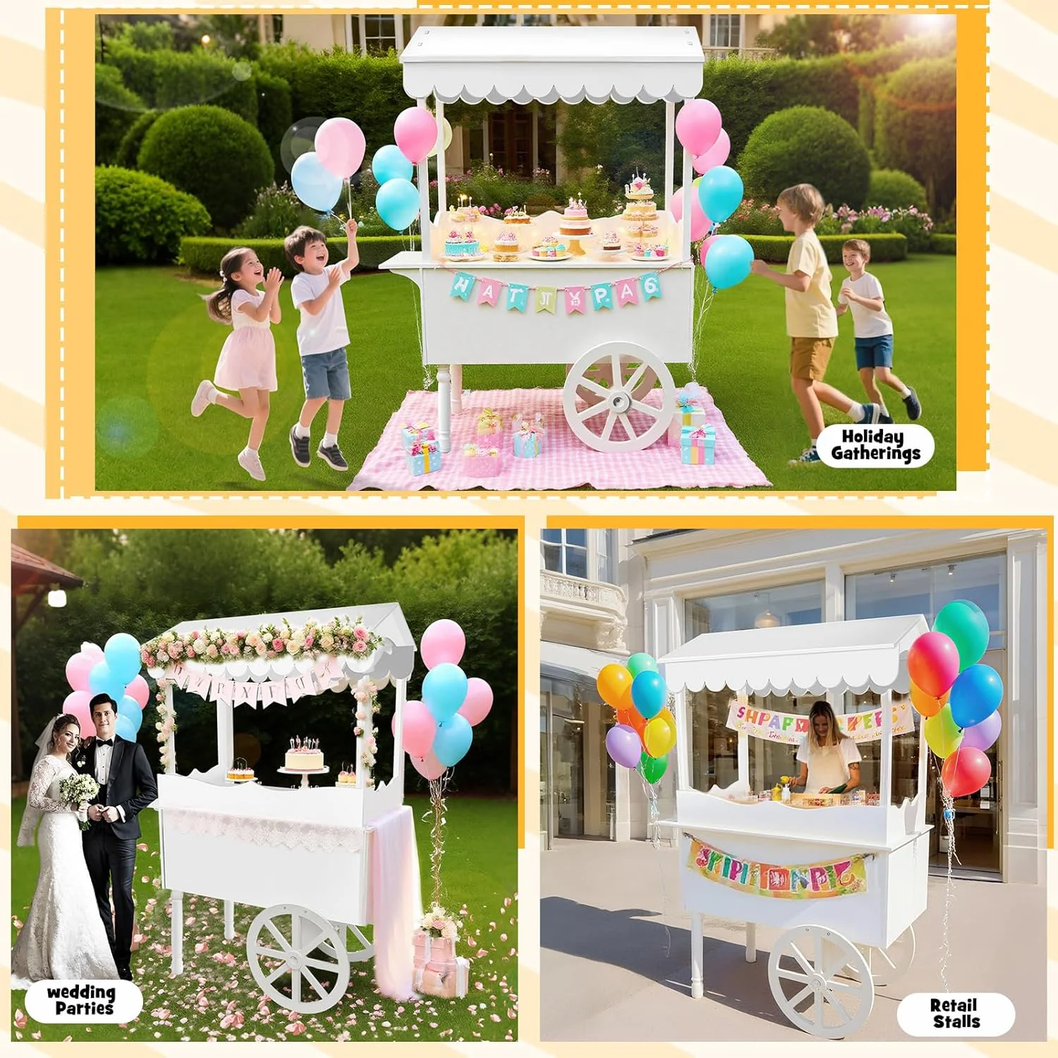 72in Candy Cart Display Stand with Decorated Wheels 100 Balloons Easy Install Vintage Dessert Cart for Parties Birthdays Weddings White(White) - Image 4