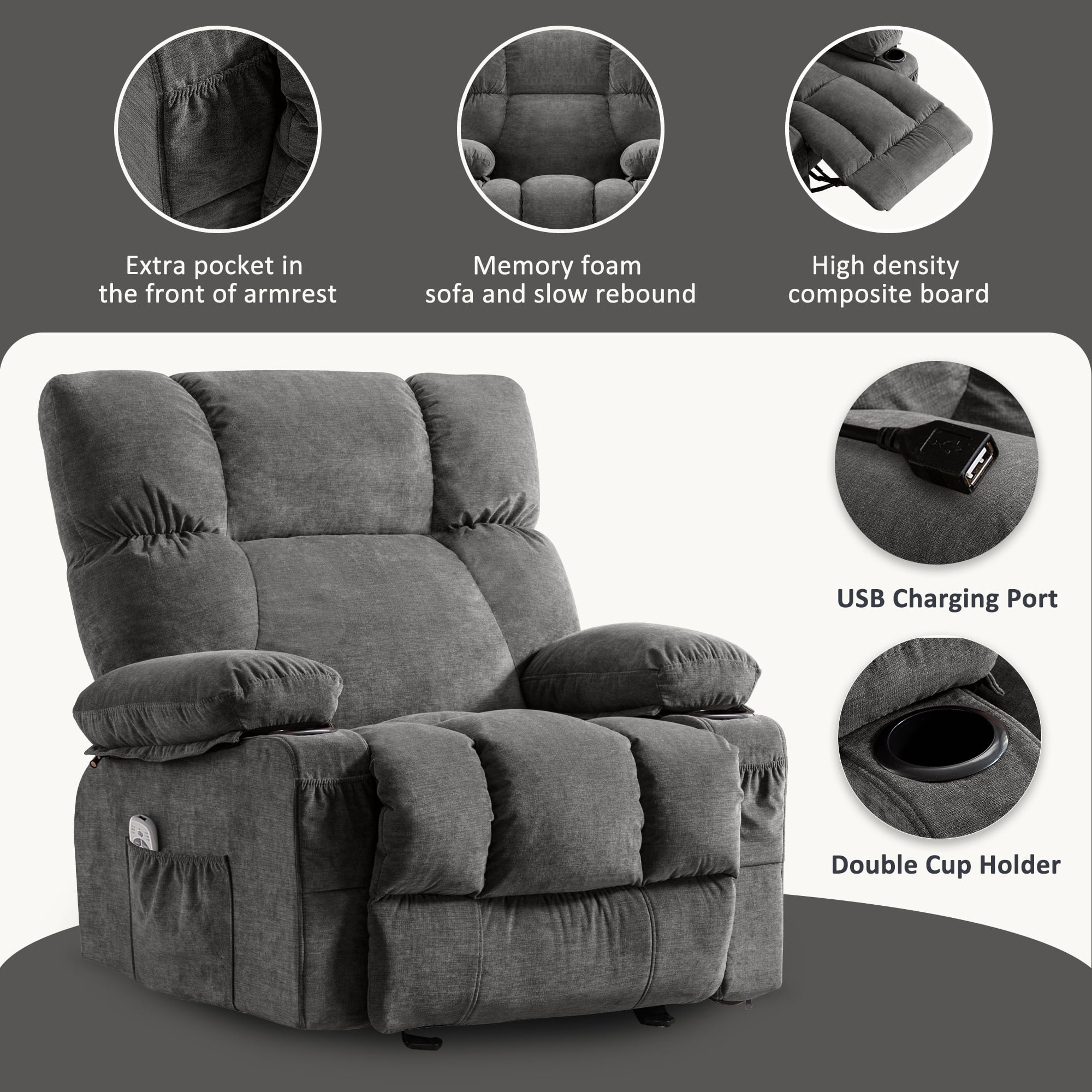 Manual Recliner Chair with Heat Therapy and Massage Function, Heavy Duty Reclining Mechanism Massage Chair, Elderly Single Rocker Sofa with Cup Holders for Bedroom Home Theater,Grey(Regular-Grey) - Image 6