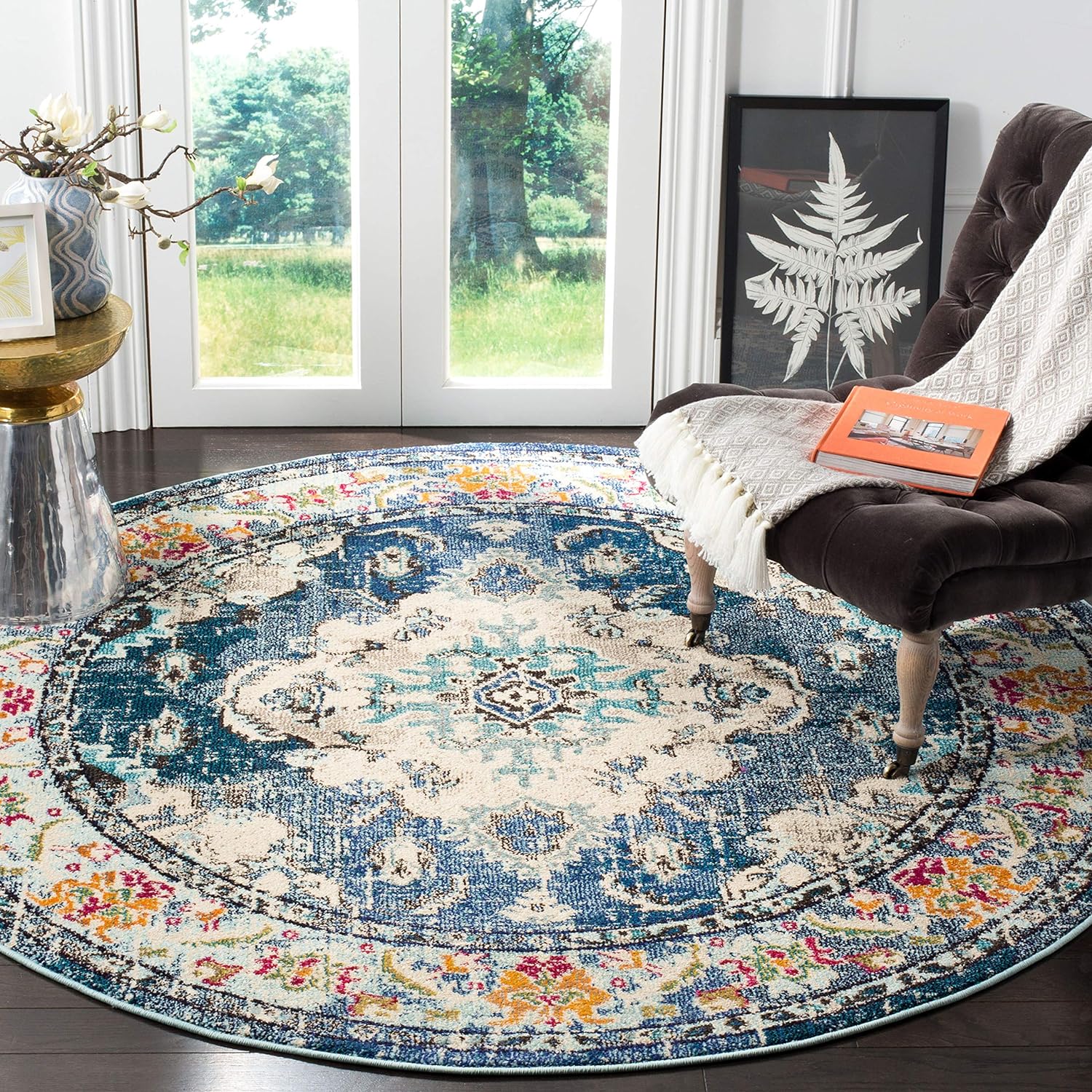 SAFAVIEH Monaco Collection Area Rug - 10' Round, Navy & Light Blue, Non-Shedding & Easy to Clean, Distressed Medallion Design, Ideal for Living Room, Bedroom, Dining Space (MNC243N)