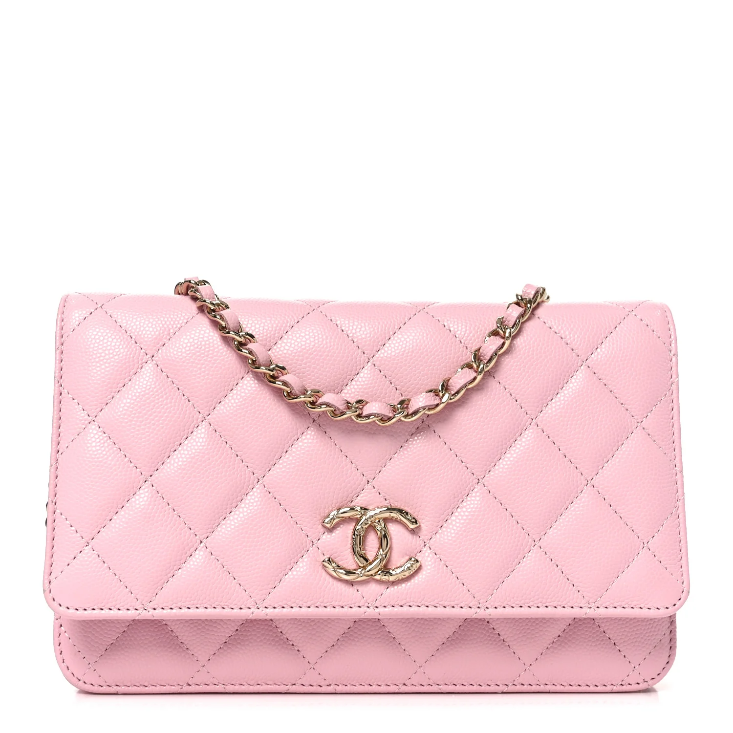 Caviar Quilted Textured CC Wallet on Chain WOC Light Pink