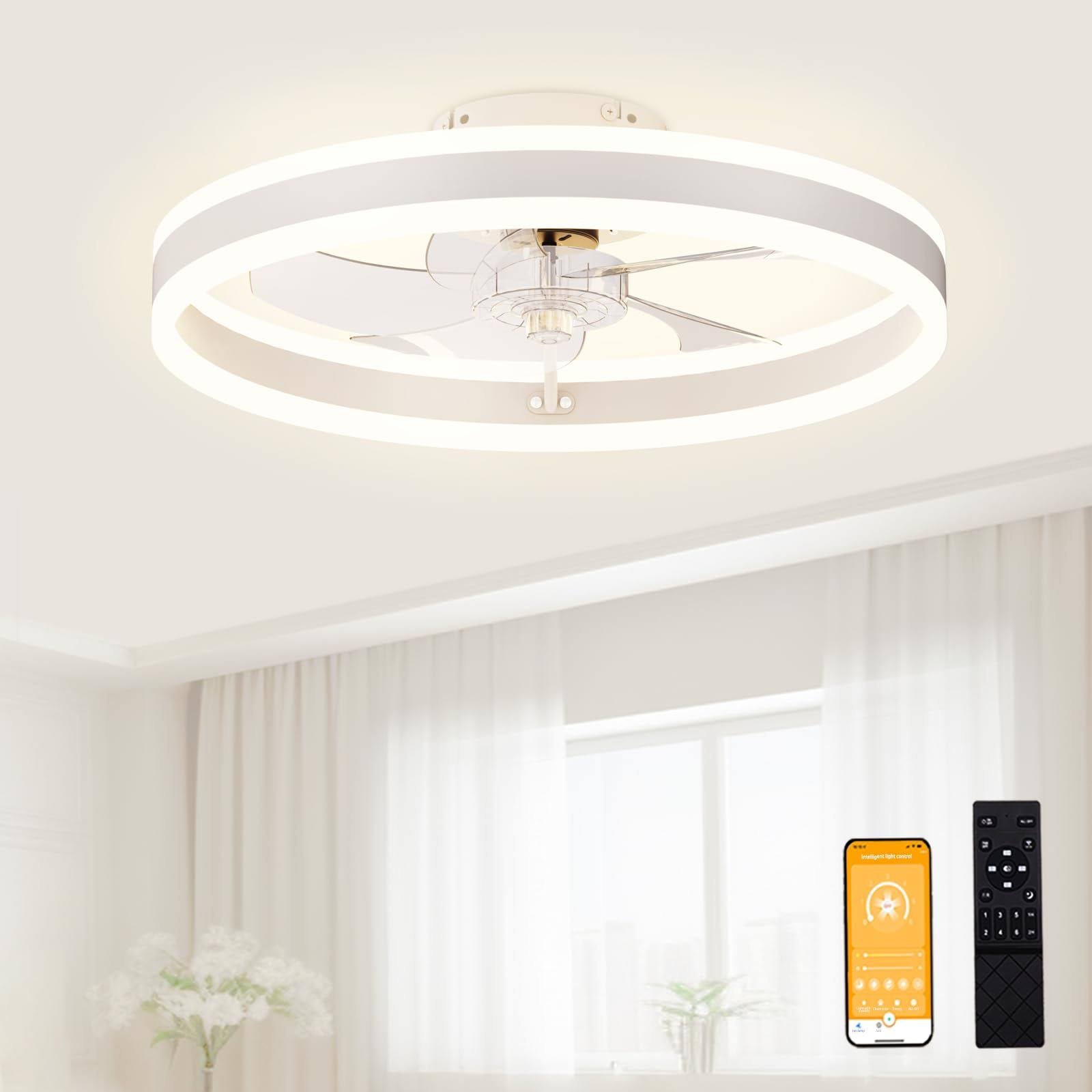 VOLISUN Low Profile Ceiling Fans with Light and Remote, 19.7in Modern Fandelier Ceiling Fan Light, 3000K-6500K Dimmable Flush Mount LED Fan Light,