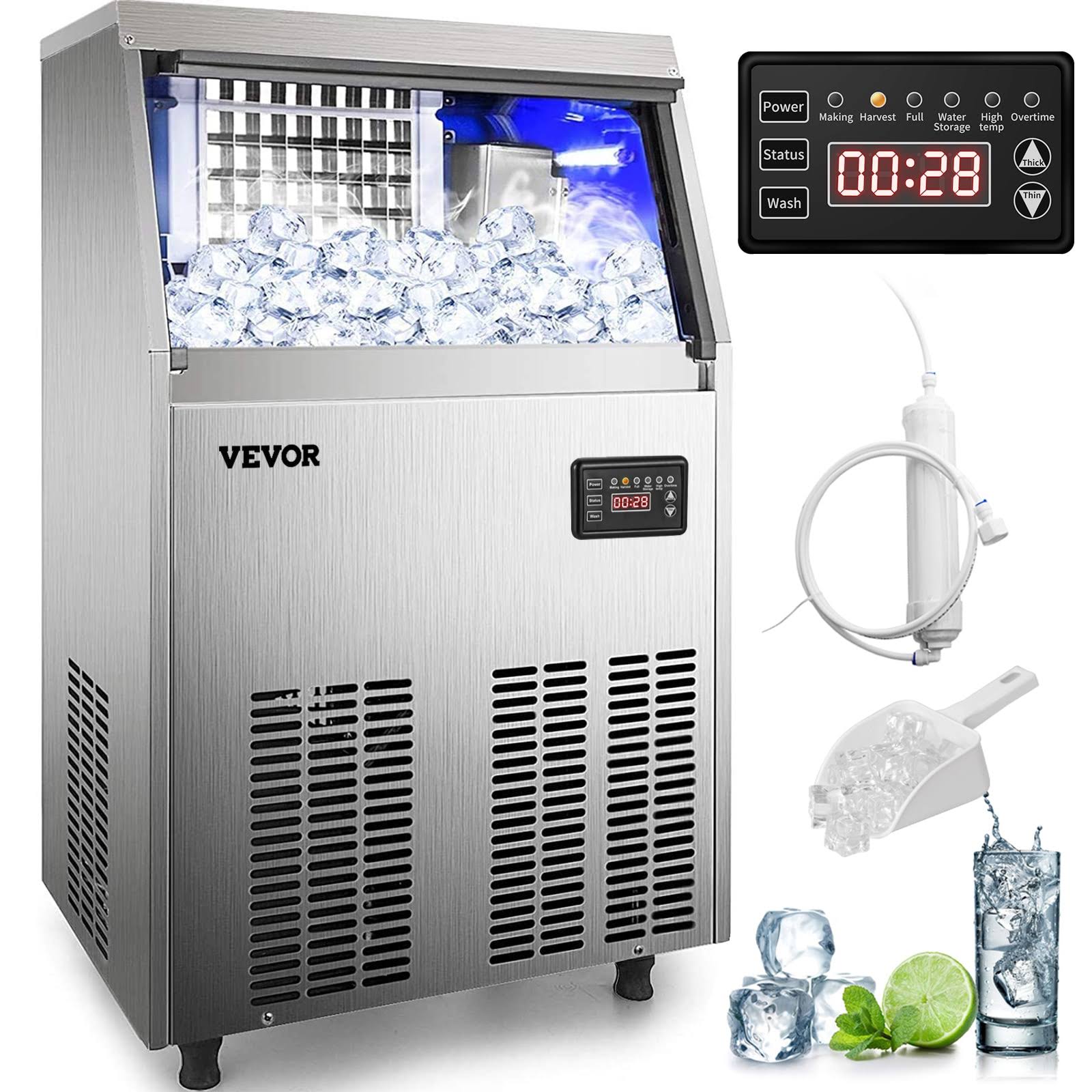 VEVOR 33-lbStorage Ice Maker 120-lb Freestanding Cubed Ice Maker (201 Stainless Steel)