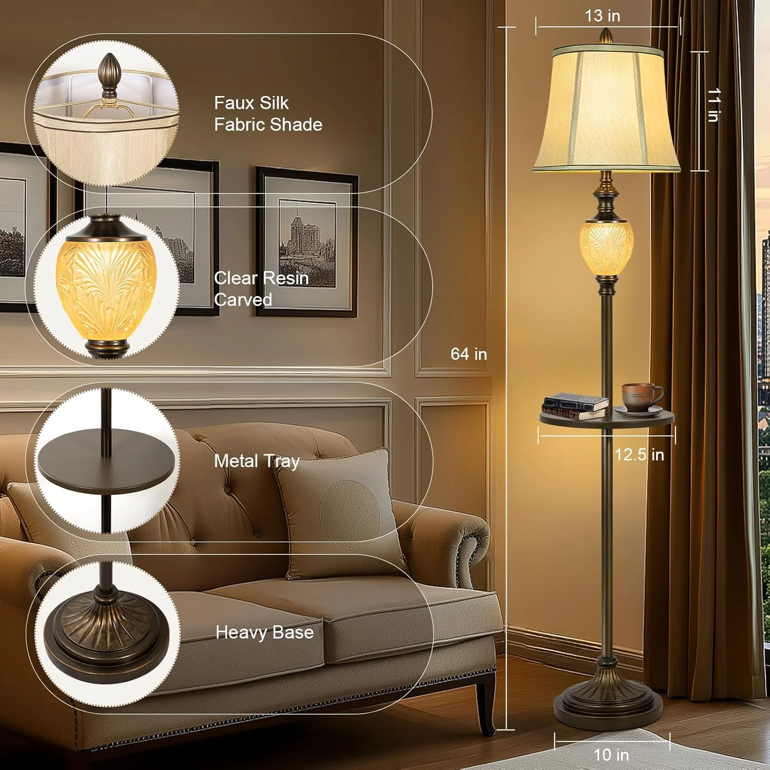 Farmhouse Metal Tray Floor Lamp For Living Room With Nightlight Vintage Tall Lamp With Linen Fabric Shade Industrial Standing Lamp For Bedroom Office Home House Study (Bulb Included)(Bronze-With Tray) - Image 10