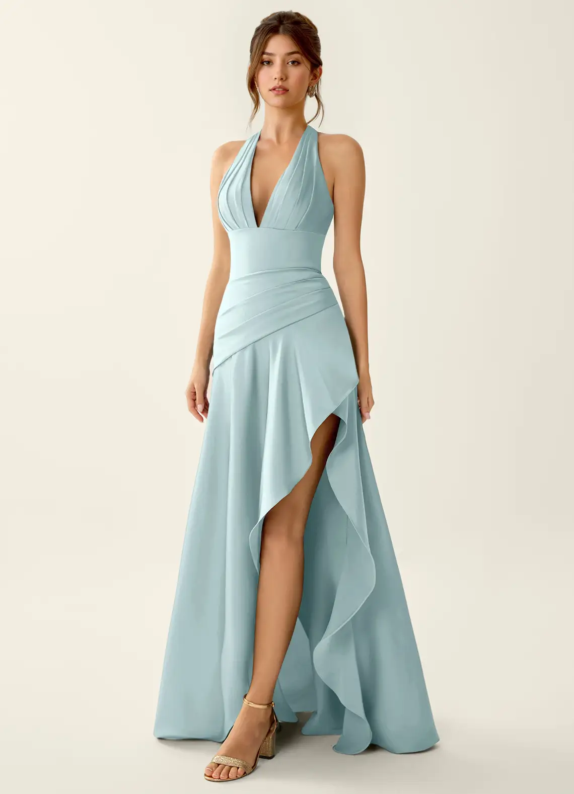Titania Mist Satin V-neck Ruffled Prom Dress