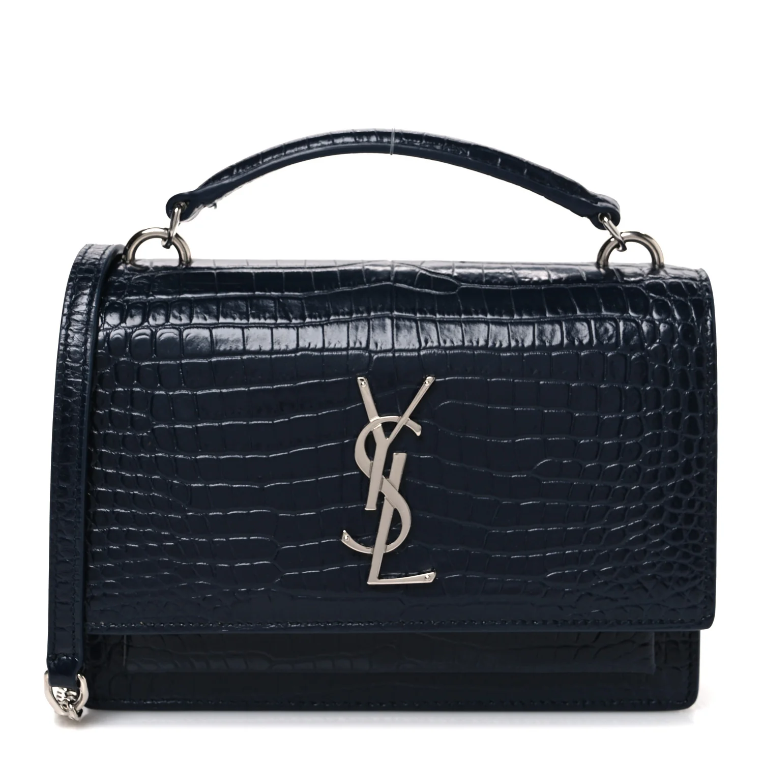 Calfskin Crocodile Embossed Monogram Sunset Chain Wallet New Cobalt