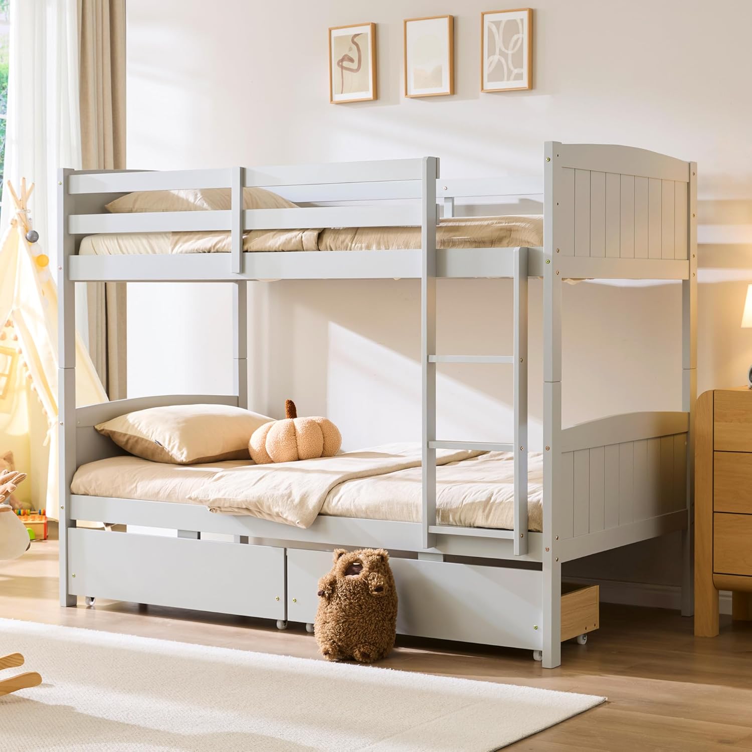AMERLIFE Twin Over Twin Bunk Bed with Storage Drawers, Solid Rubberwood 2-in-1 Convertible Loft Beds with Ladders, Modern Detachable Bed Frame for Kids and Teens Bedroom, Grey