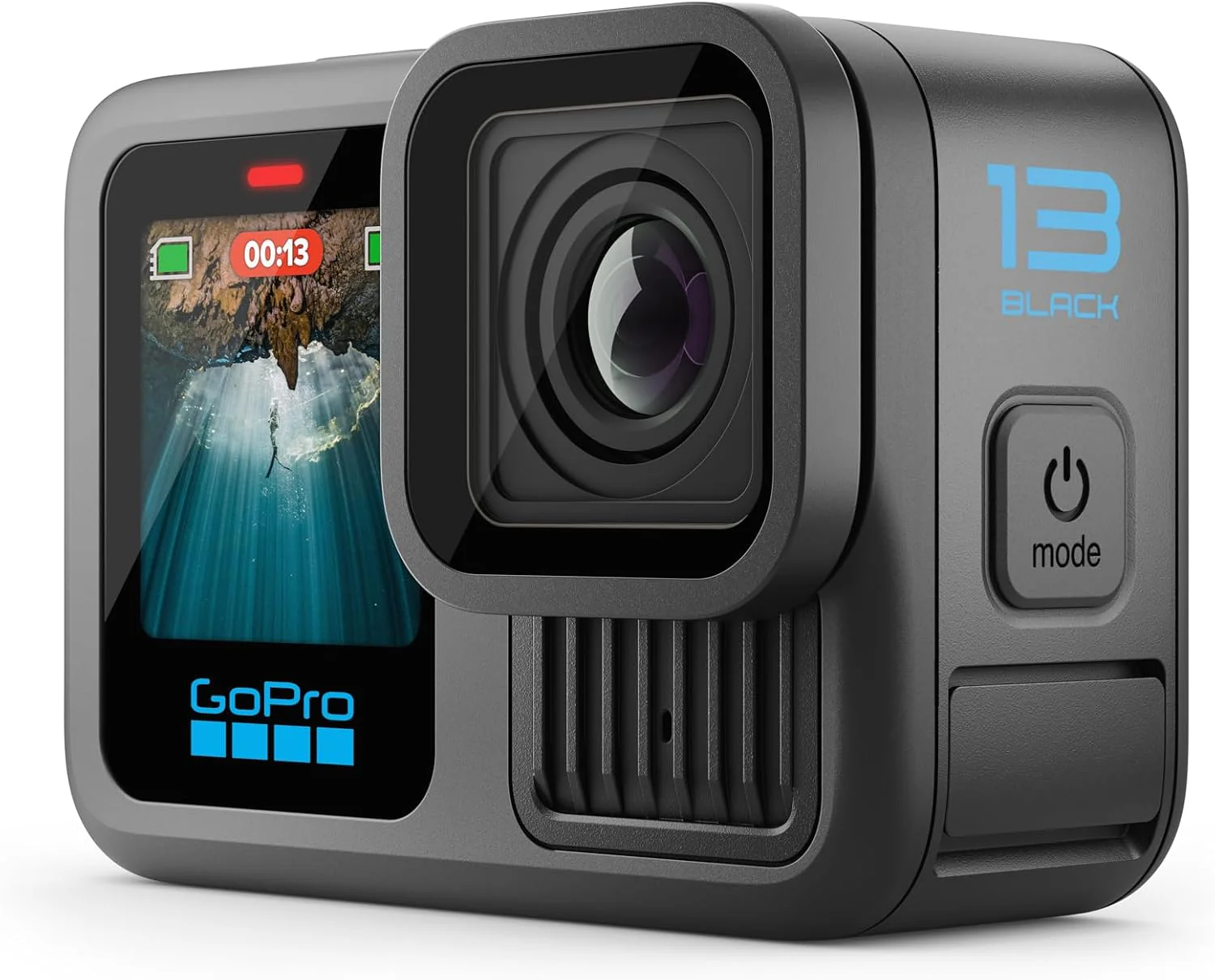 Caméra d'action noire étanche avec vidéo 5,3K60, photo 27 MP + compatible avec les objectifs de la série HB