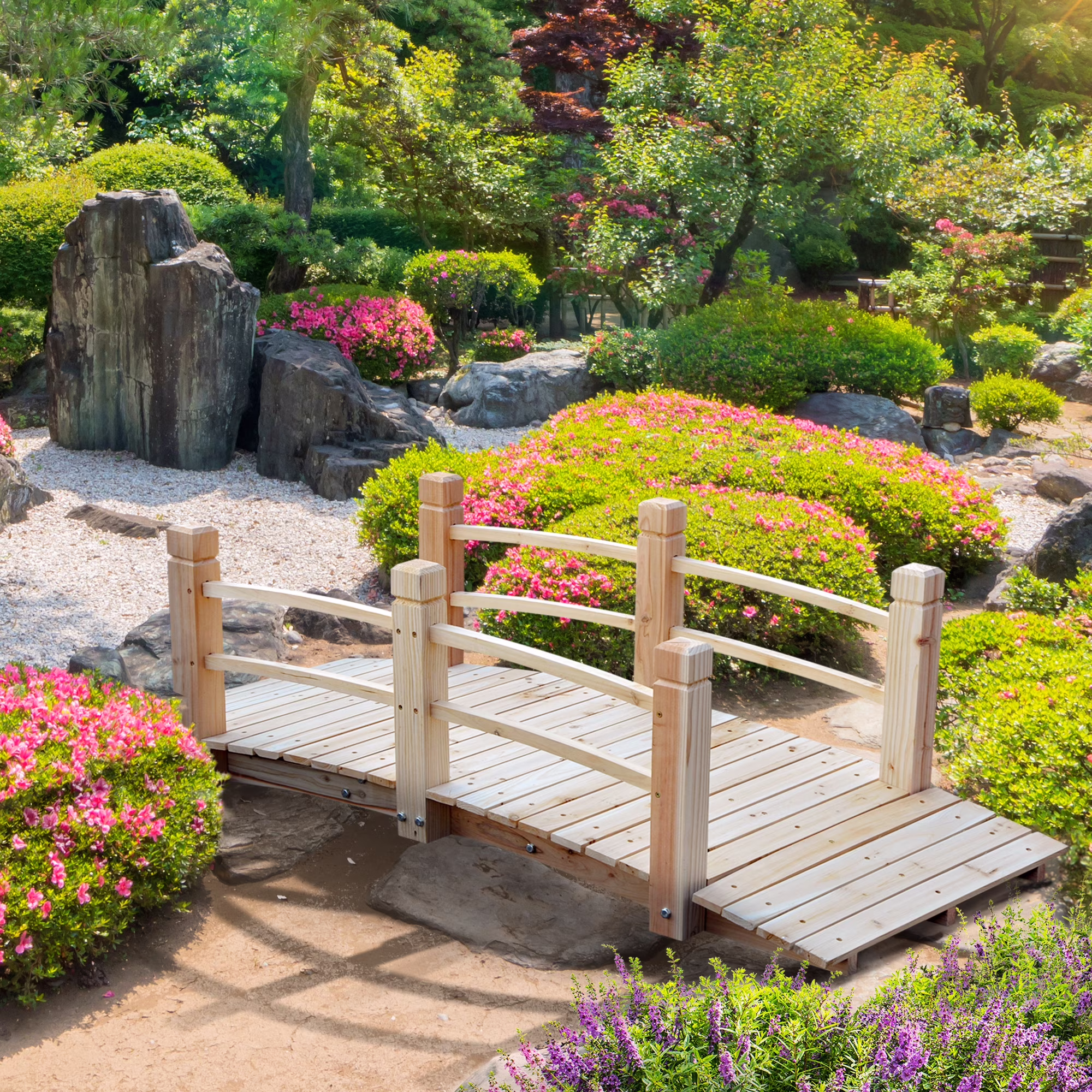 Outsunny 5ft Wooden Garden Bridge Lawn D??cor Arc Stained Finish Walkway Natural