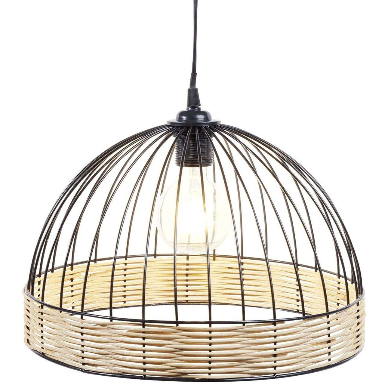 Suspension ronde métal osier noir et marron Ø35xH22cm