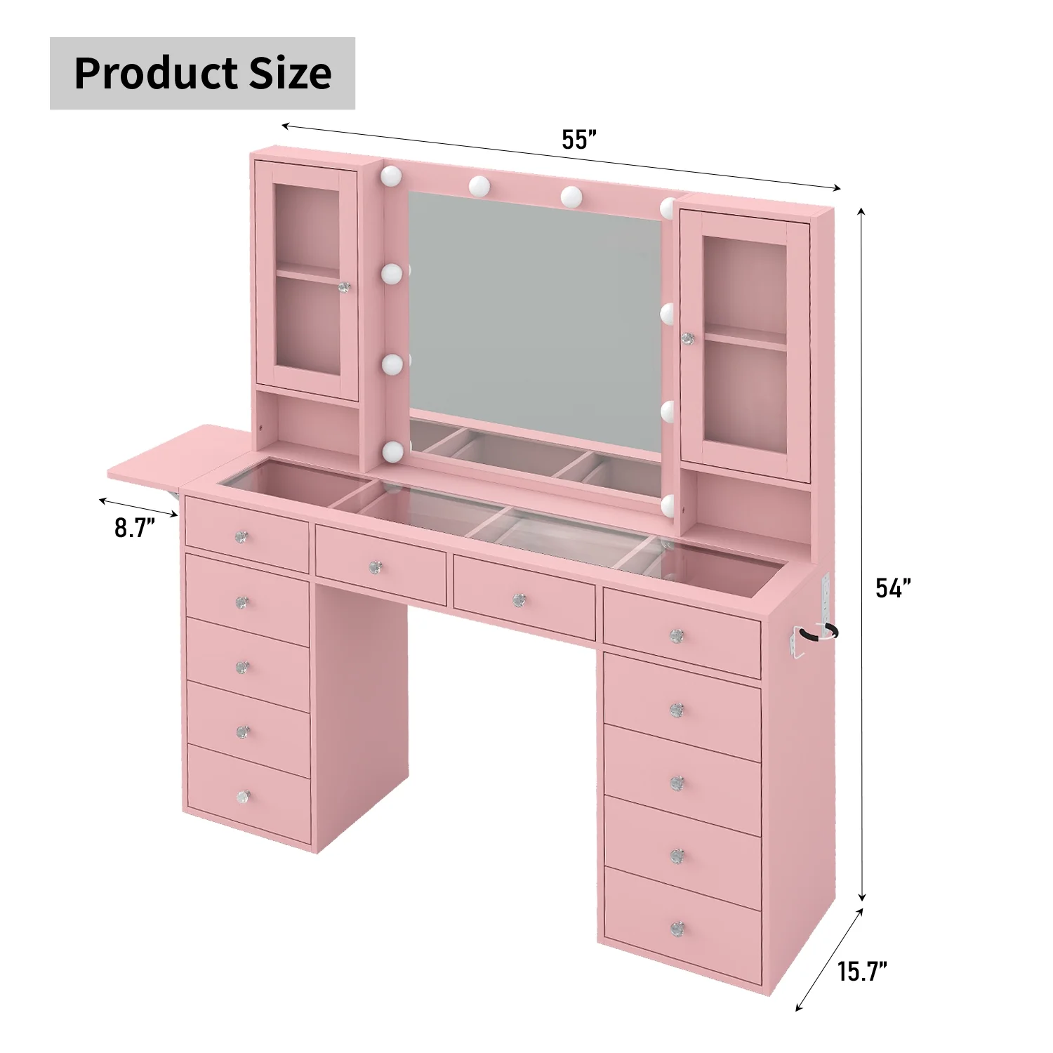 Vanity With Power Outlet, Vanity Desk With Mirror And 10 LED Lights, Makeup Vanity With 12 Drawers And 2 Cabinets, Fold-Up Panel, Glass Top Vanity Table With Chair For Bedroom - Image 4