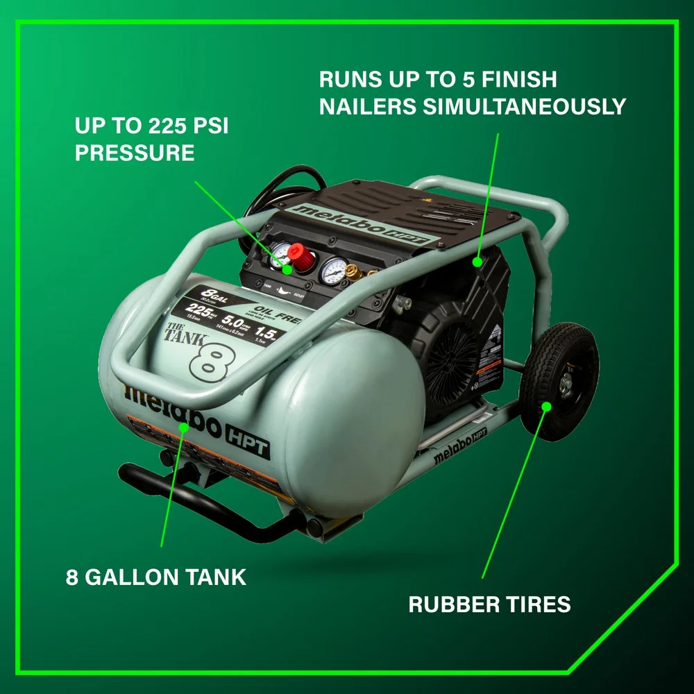 Air Compressor, THE TANK, 8-Gallon Trolley Air Compressor, 225 PSI, Versatile for Use with Framing, Siding, Finish, or Roofing Nailers, Easy Mobility with Rubber Tires, EC1315S - Image 3