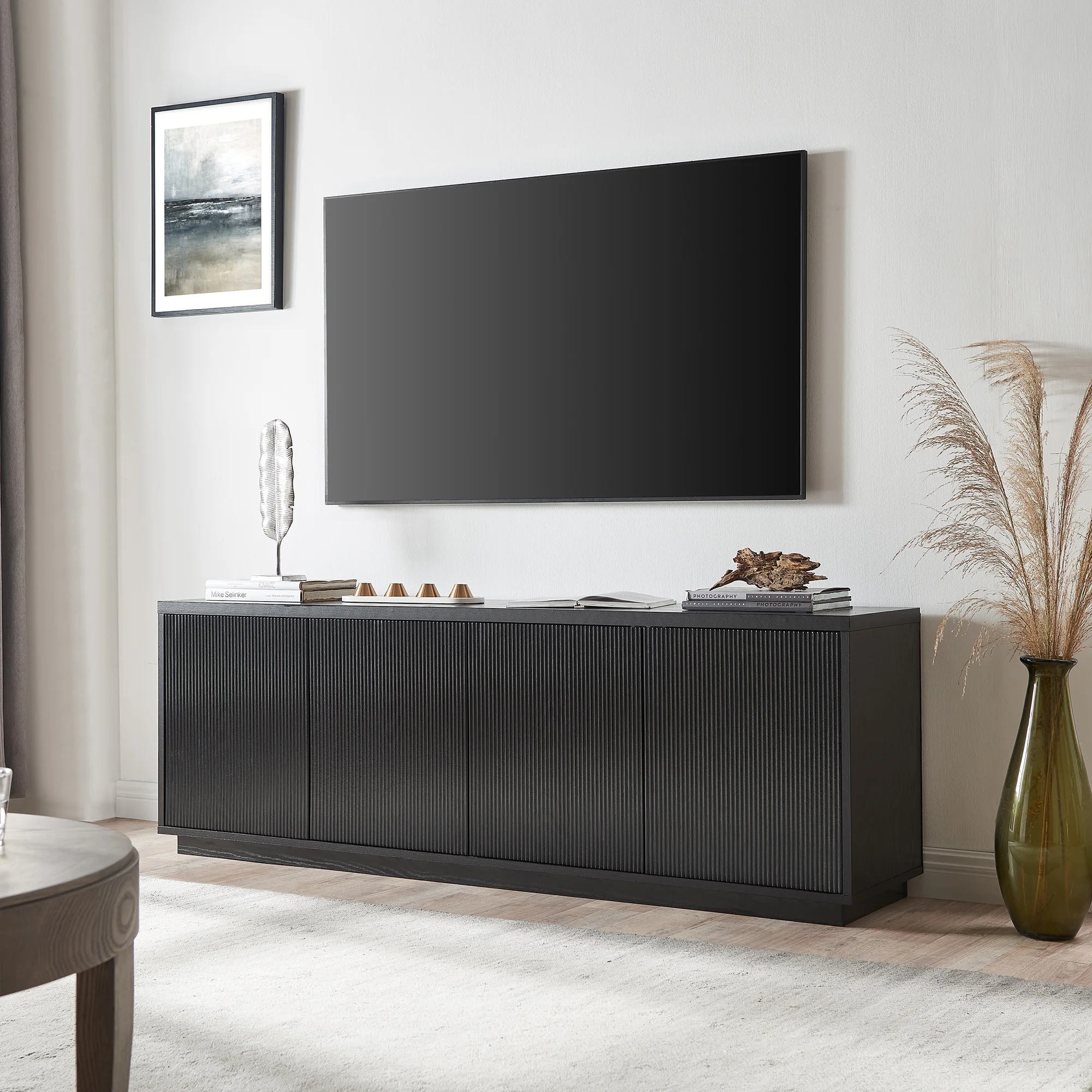 Evelyn&Zoe Hanson Rectangular TV Stand for Tv'S up to 75", Black Grain