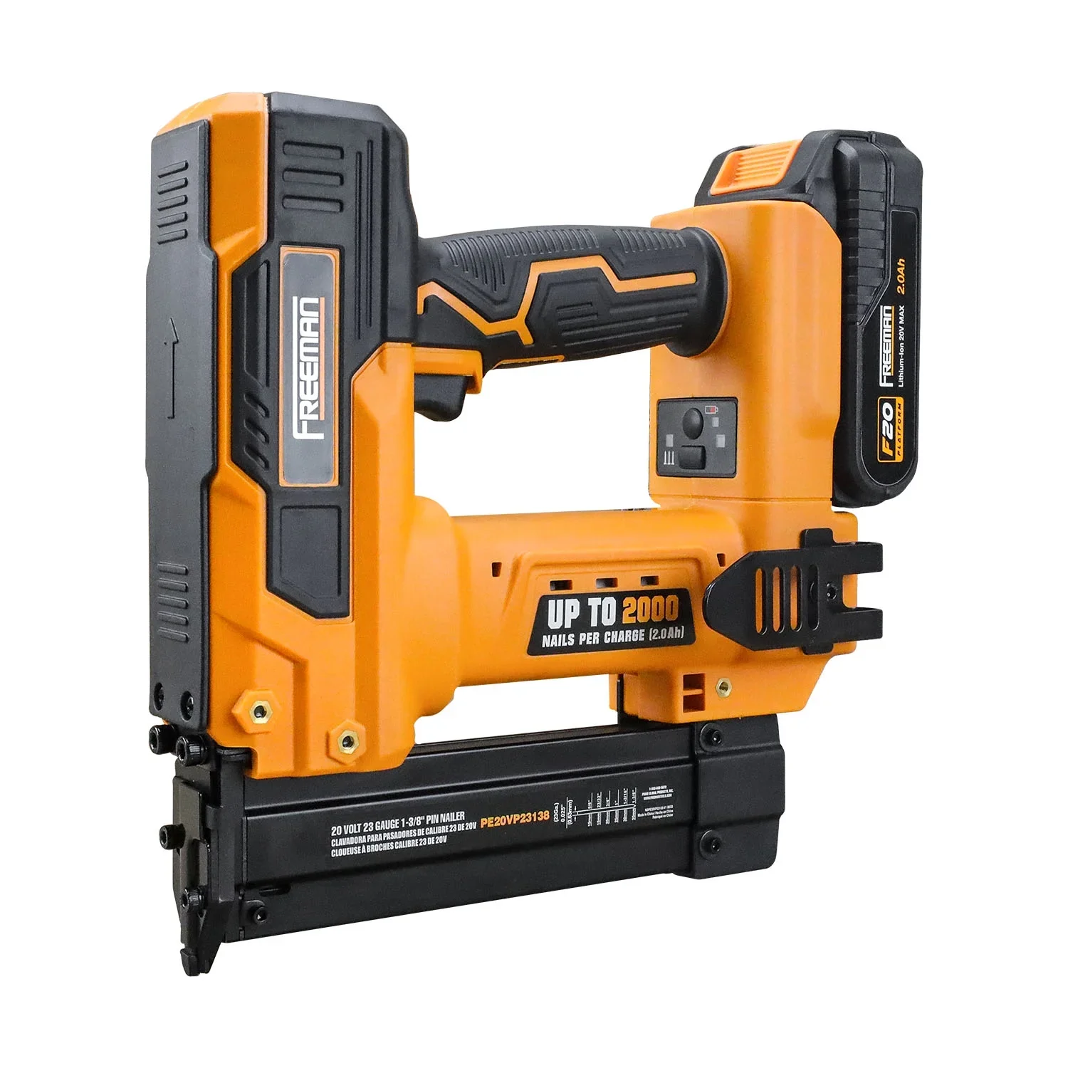 Freeman PE20VP23138 20 Volt Cordless 23-Gauge 1-3/8 Pin Nailer Kit with Lithium Ion Battery, Charger, Bag, and Nails (1000 Count) �C 2000 Shots per Charge