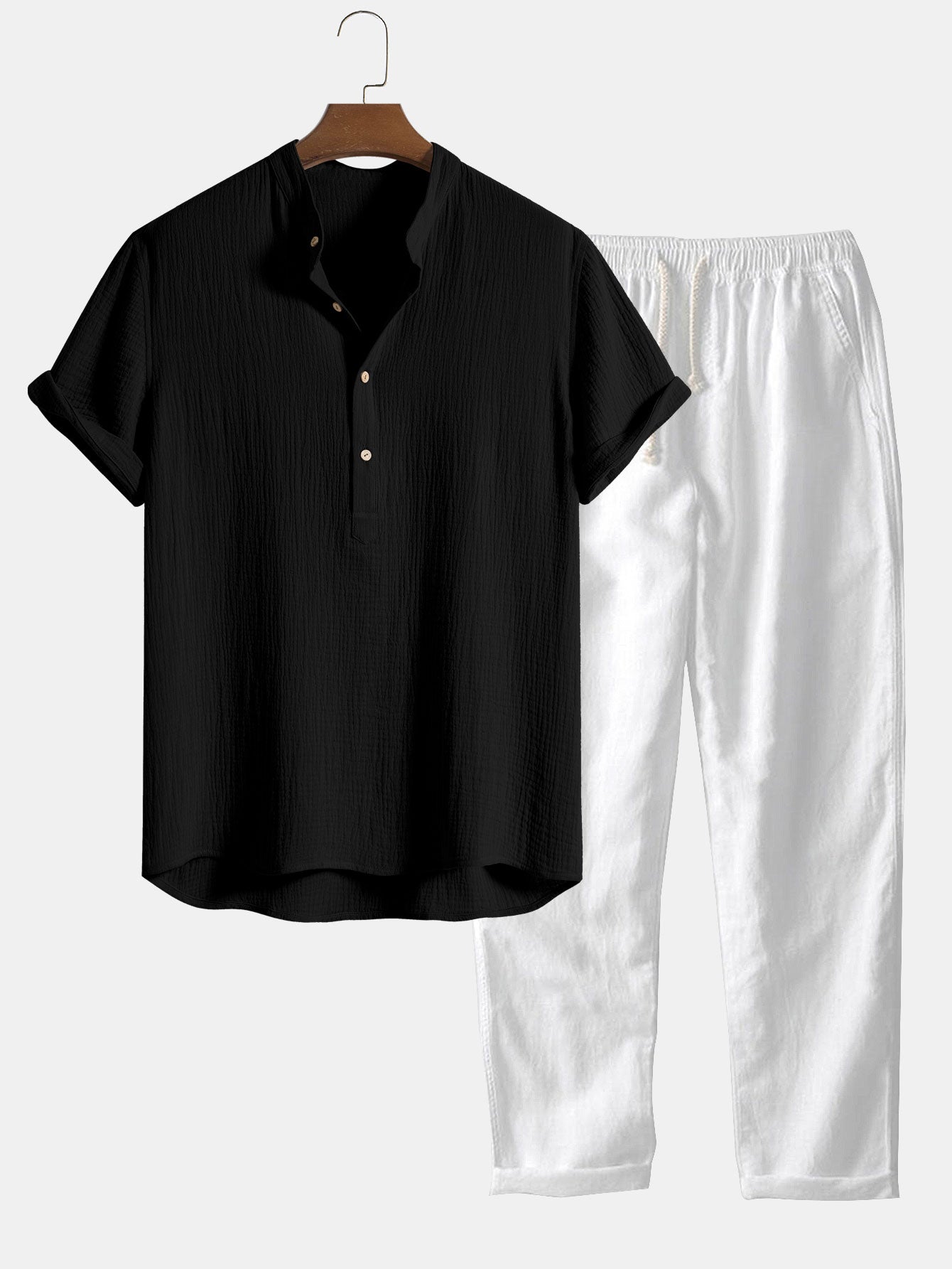 Chemise à col Henley en coton froissé, demi-patte de boutonnage ouverte, et pantalon droit en lin