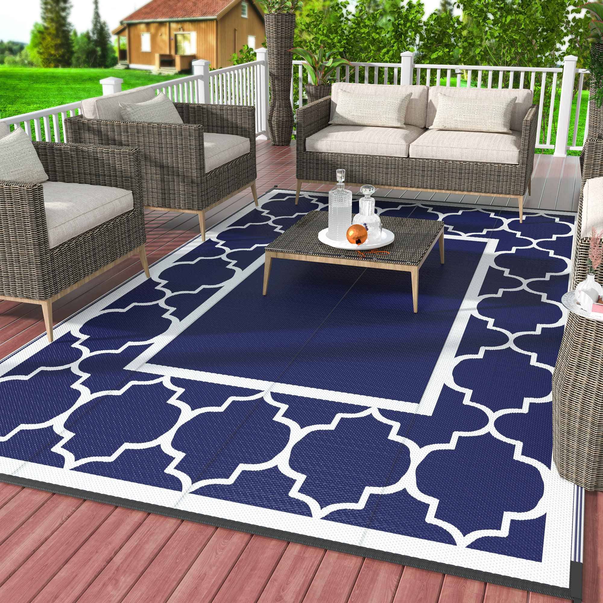 DEORAB 5'x8' Outdoor Rug for Patio Clearance,Reversible Straw Plastic Waterproof Area Rugs,Blue & White, Size: 5' x 8'