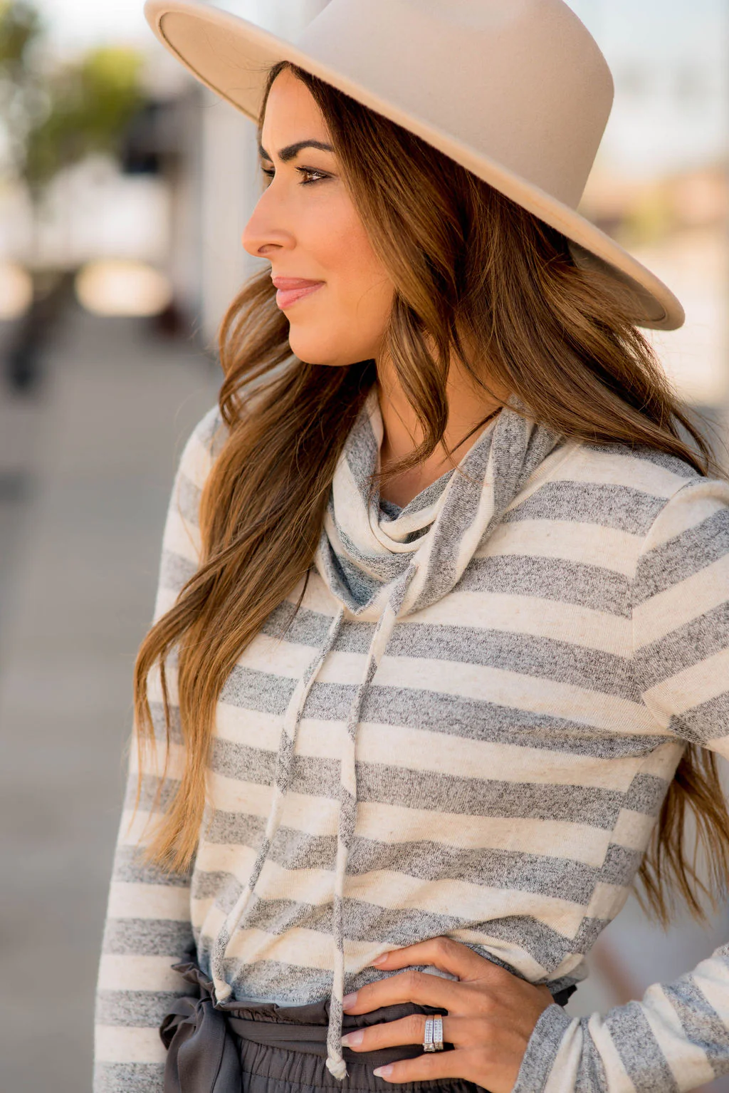 Heathered Striped Cowl Neck Sweatshirt