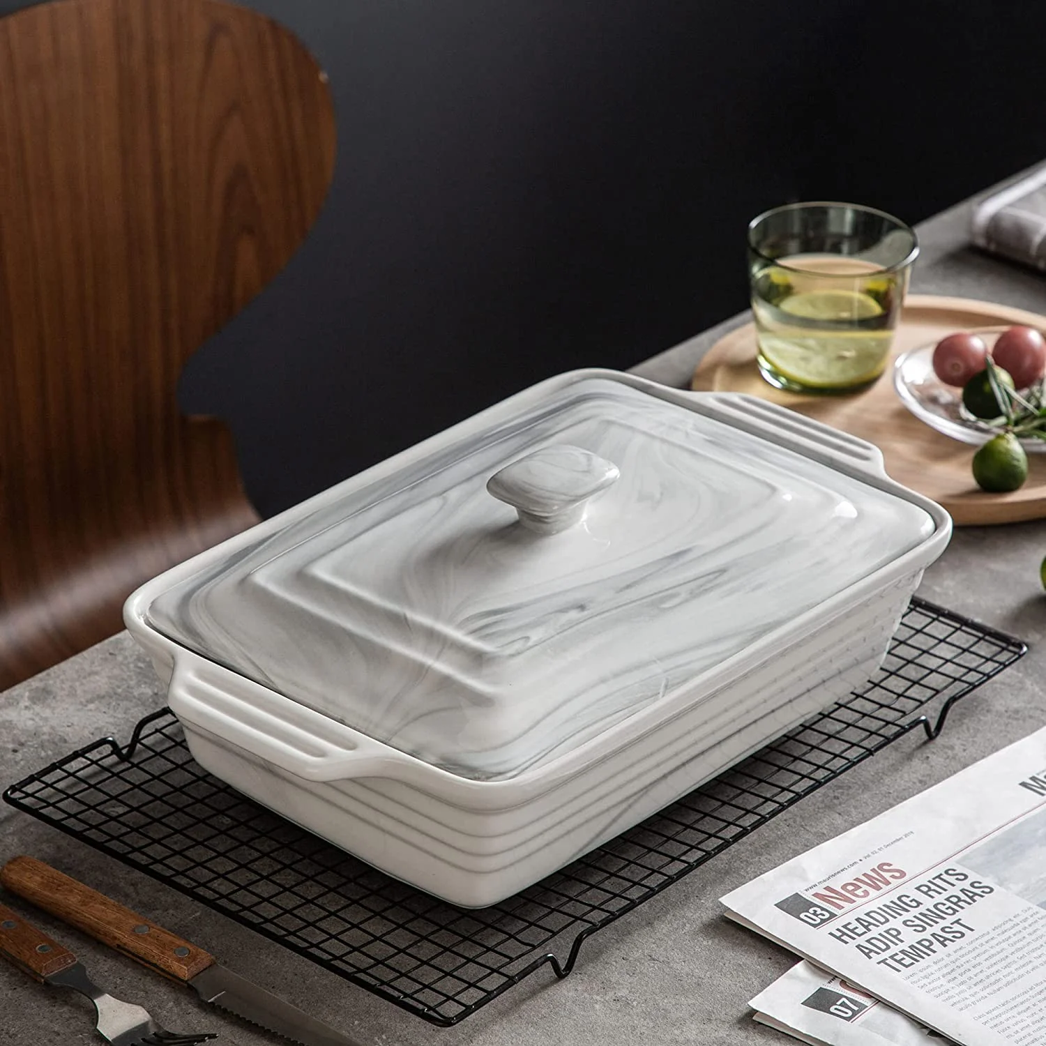 Large Ceramic Casserole Dish with Lid, 4.4 Quart Baking Pan for Oven, Microwave  Dishwasher(4.4 QT - Marble Grey)
