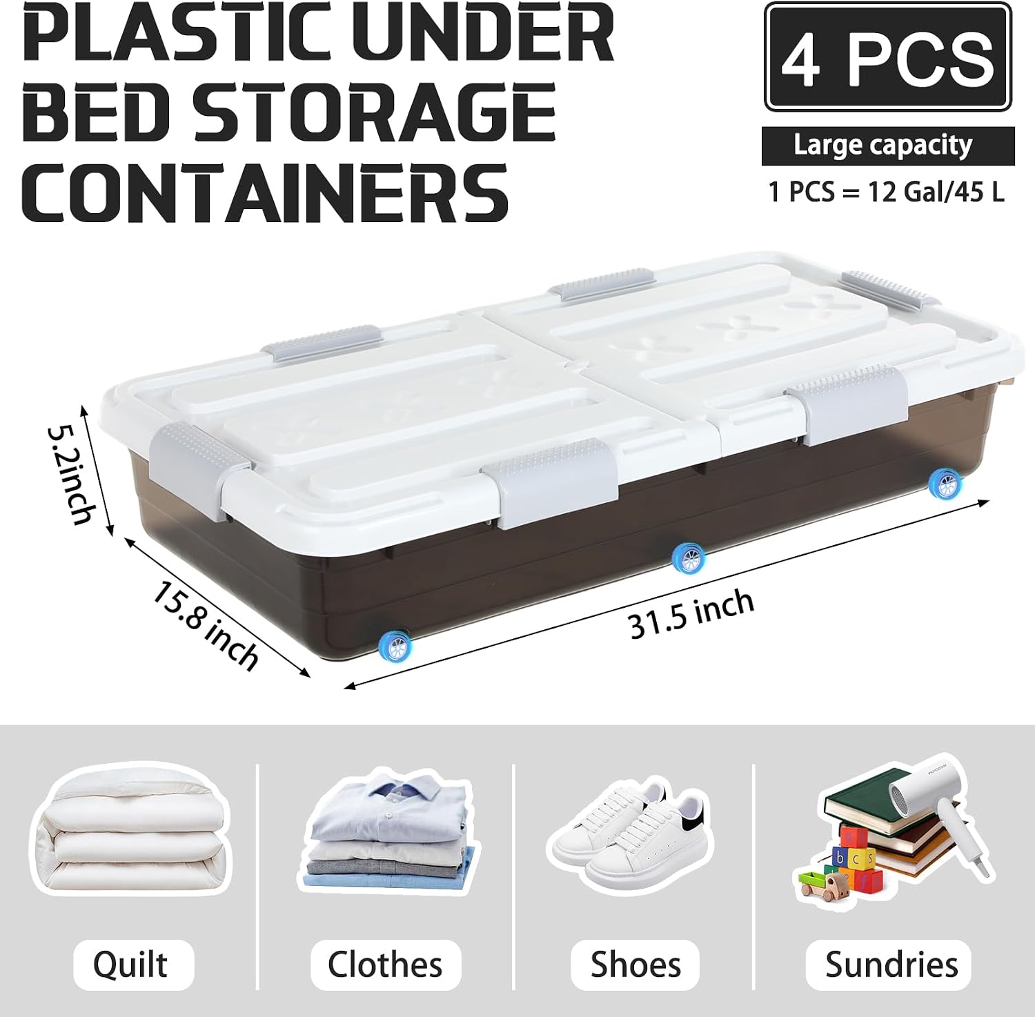 Beeveer 4 Pcs Plastic Under Bed Storage Container with Double Opening Lid Wheel Handle, Transparent Large Capacity Stackable Latching Festival Storage Bin for Closet Bedroom, 31.5x15.8x5.2 In(Brown)