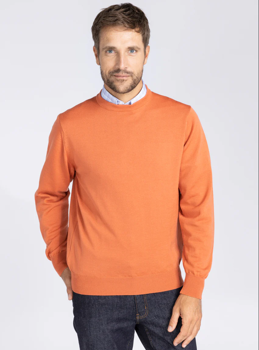 Pull homme col rond laine mérinos orange tendre