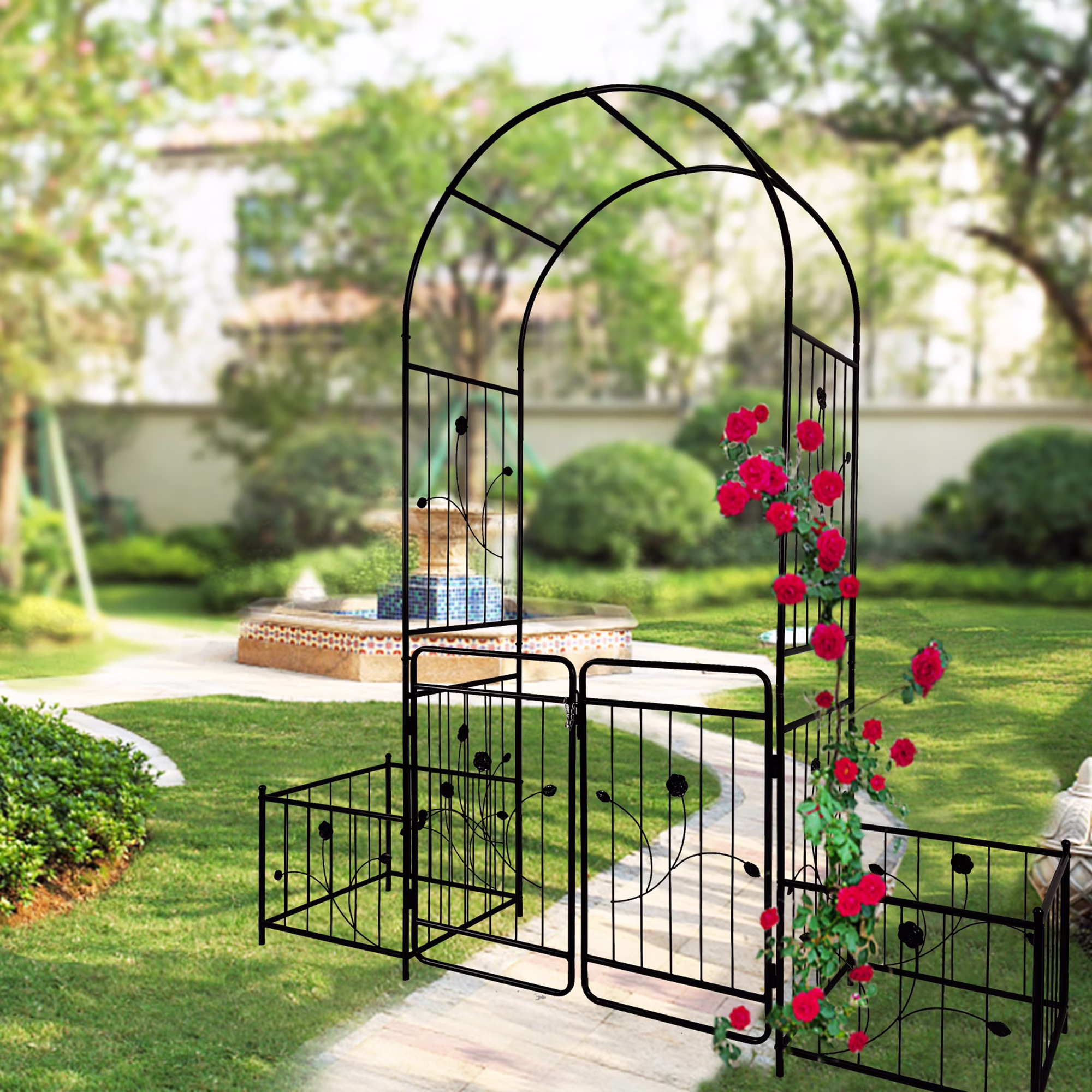 Miniyam Metal Garden Arch with Double Doors and 2 Side Planter Baskets, 79.5 W x 86.6, Black