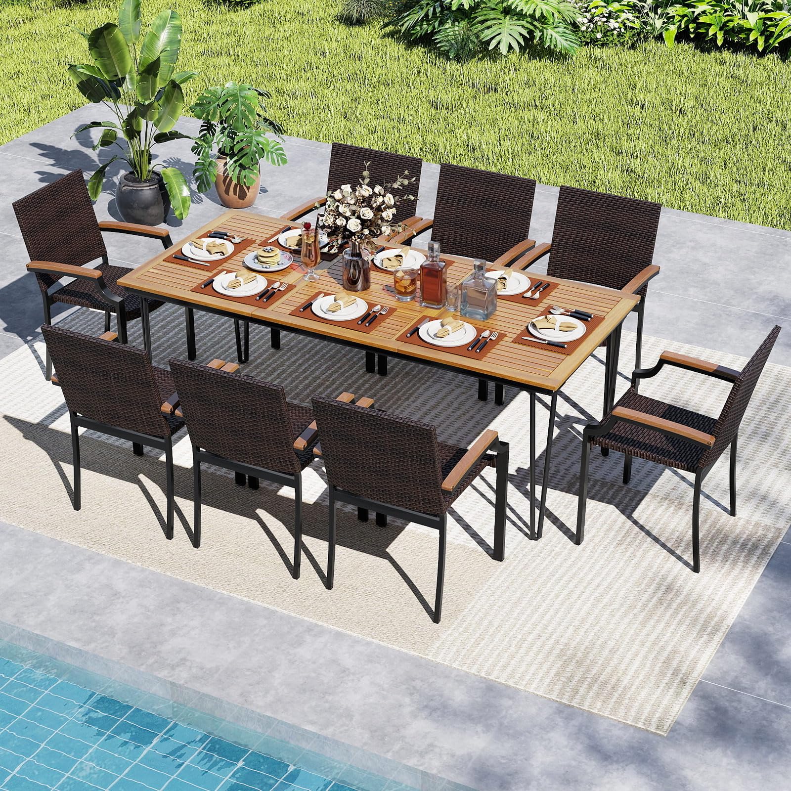 Tangkula 79” Rectangular Outdoor Dining Table with Acacia Wood Top & Umbrella Hole