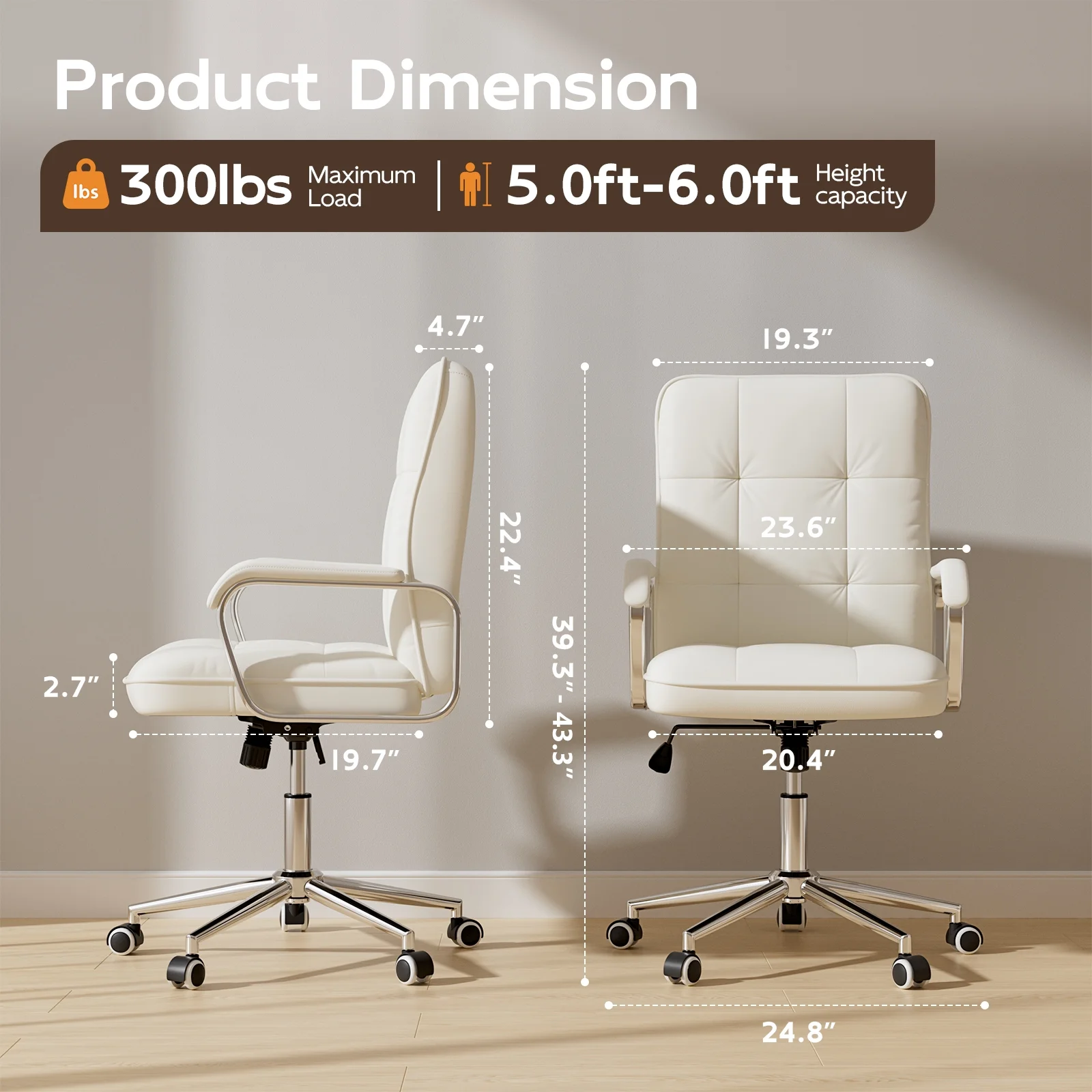 White Office Chair, Swivel Leather Computer Desk Chair with Wheels and Padded Arms, Executive Office Chair for Adults(White) Image 7