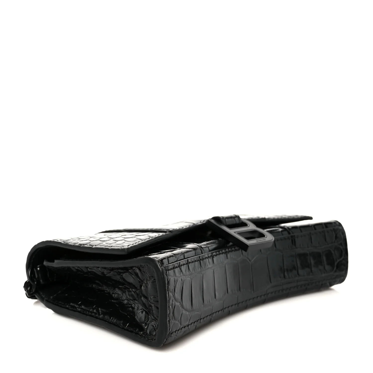 Shiny Calfskin Monochrome Crocodile Embossed Hourglass Chain Bag Black