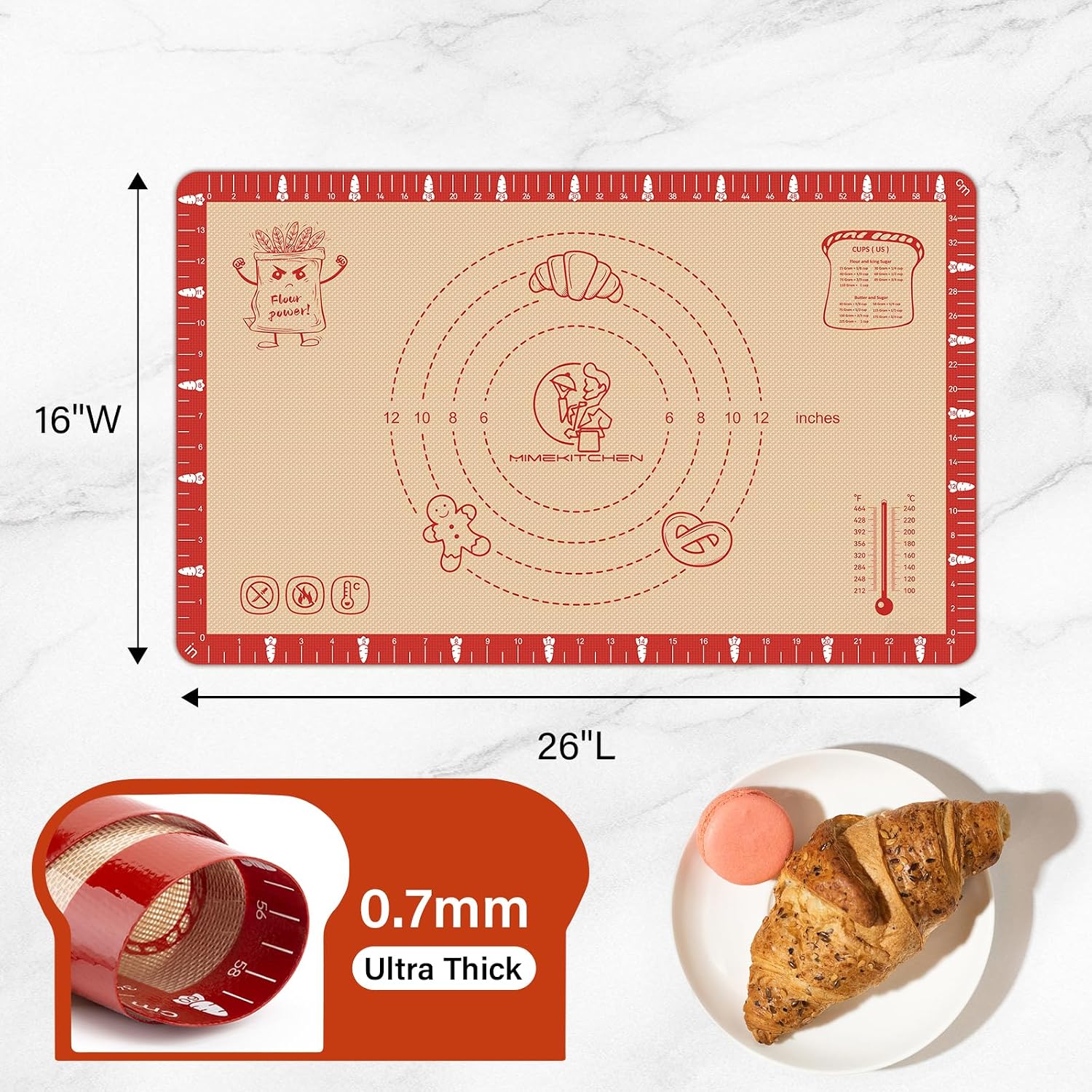 Extra Thick Silicone Baking Mat with Recipes - 26x16 inch Non-Stick Pastry Mat with Measurements for Sourdough, Macarons, Bread, Pizza, Dough Rolling, Kneading, Heat Resistant up to 480°F Gift for Baker