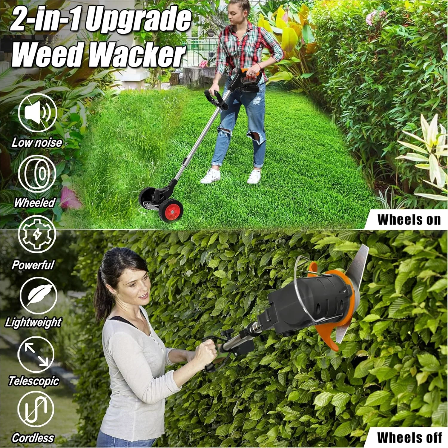 Cordless Electric Trimmer, 21V Grass Edger with Wheels, 3 - in - 1 Metal/Saw/Plastic Blade, Adjustable Height & Noise Reduction, Includes Deluxe Accessories
