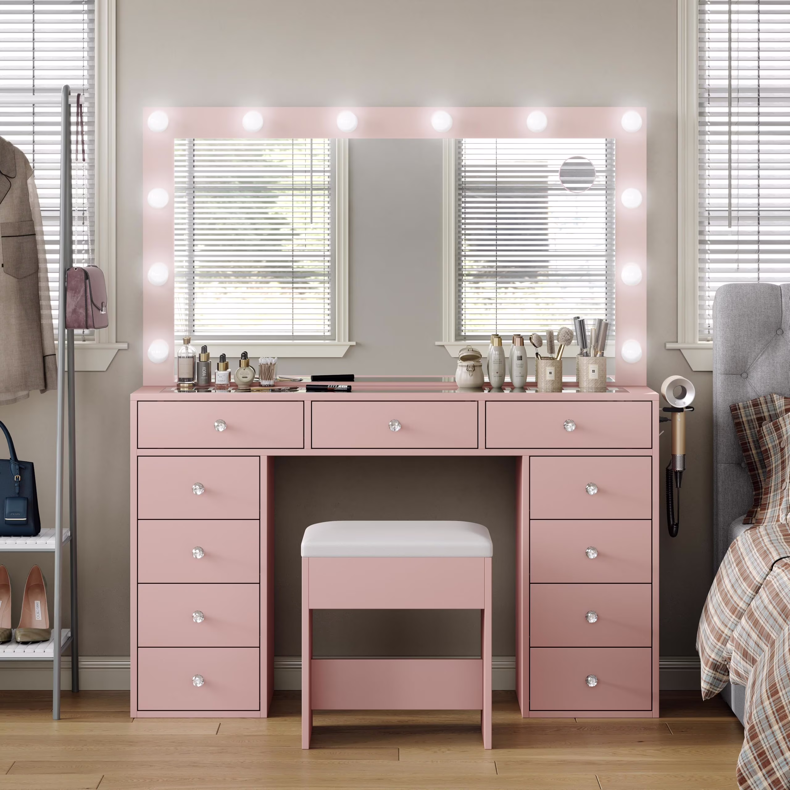 White Vanity Desk with Illuminated Mirror Power Outlet, 11 Drawers Vanity Table with Chair, Makeup Vanity with 12 LED Lights, Tempered Glass Top, Dressing Table for Bedroom,Dressing Room(White) - Image 3