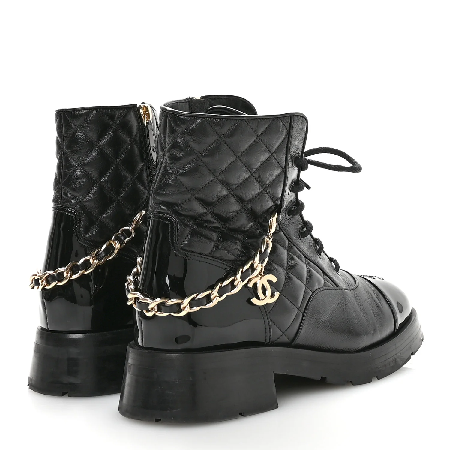Shiny Calfskin Patent Quilted Chain Lace Up Combat Boots 40 Black