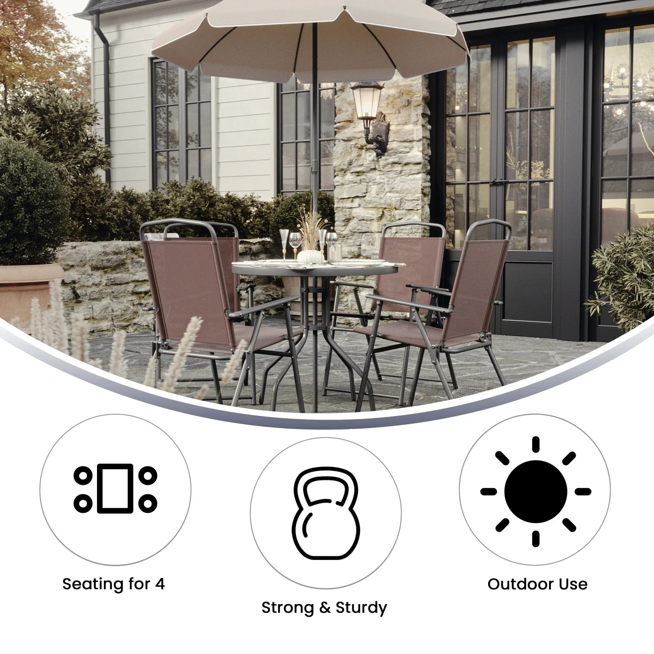 Flash Furniture Nantucket 6 Piece Black Patio Garden Set with Umbrella Table and Set of 4 Folding Chairs