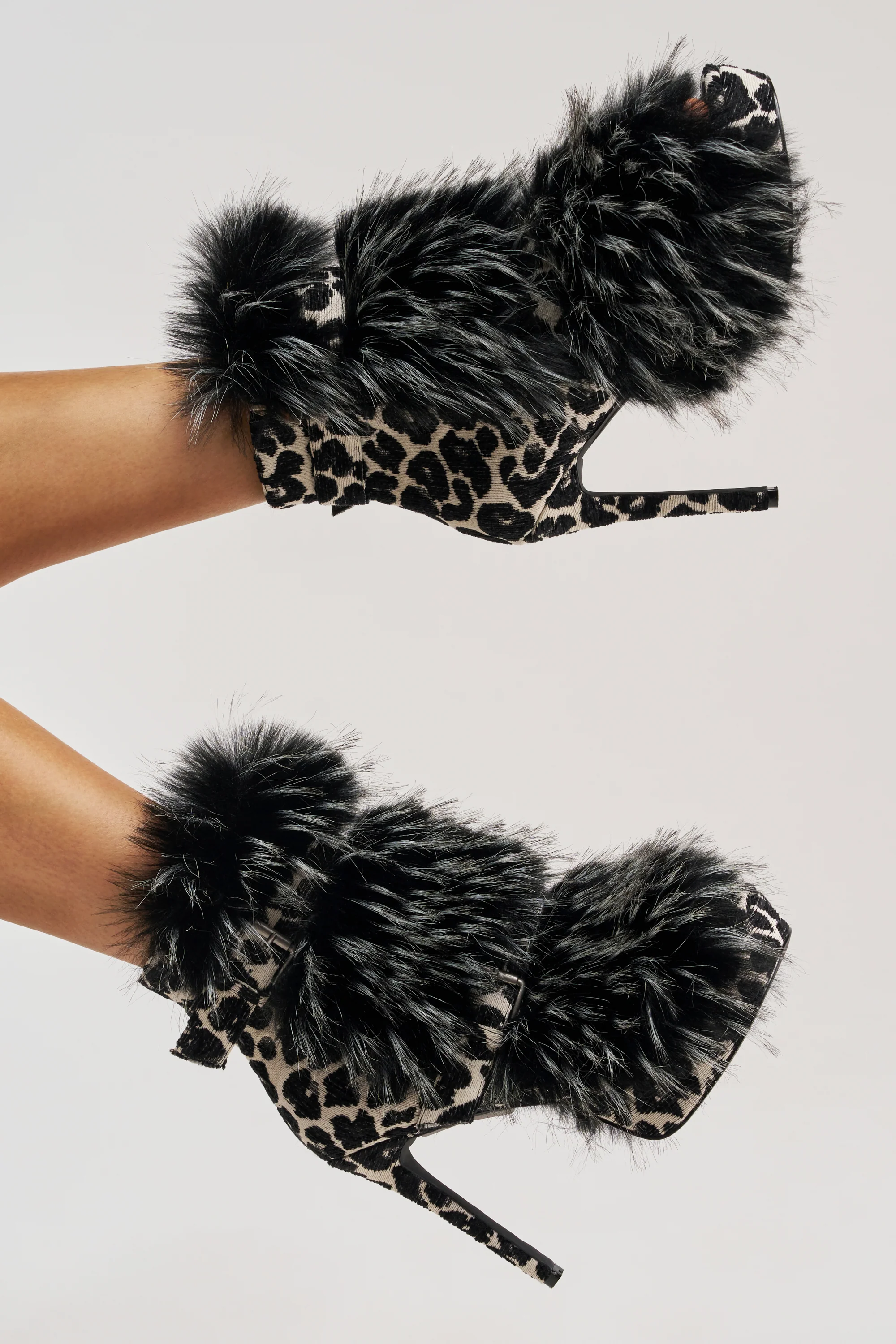 AZALEA WANG SERIOUS BLACK AND WHITE LEOPARD WITH FUR OPEN TOE STILETTO BOOTIE - Akira Store